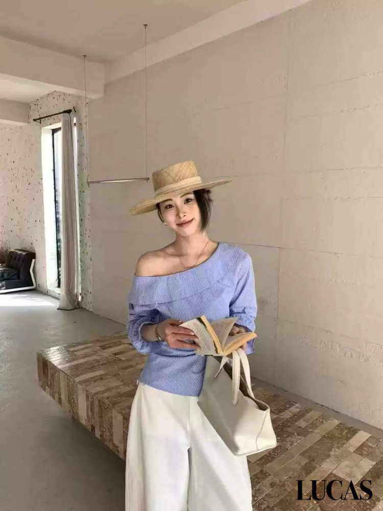 Áo sơ mi lệch vai SYL STUDIO vạt chéo sẻ 1 bên chun cổ tay loe