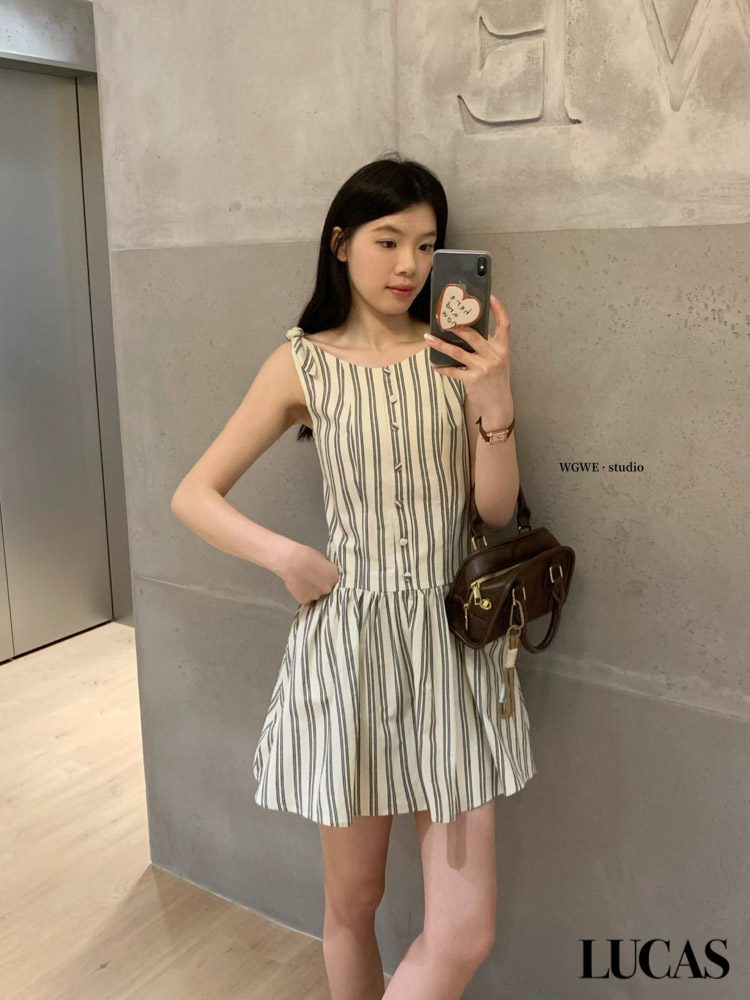 Váy thô dọc cúc bọc buộc nơ vai chân xòe hạ eo_thumbnail_3