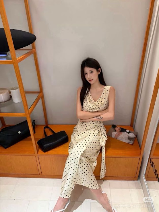 Lucas - Váy chấm bi cổ đổ zile buộc nơ eo dáng dài SHALIJIA_thumbnail_1