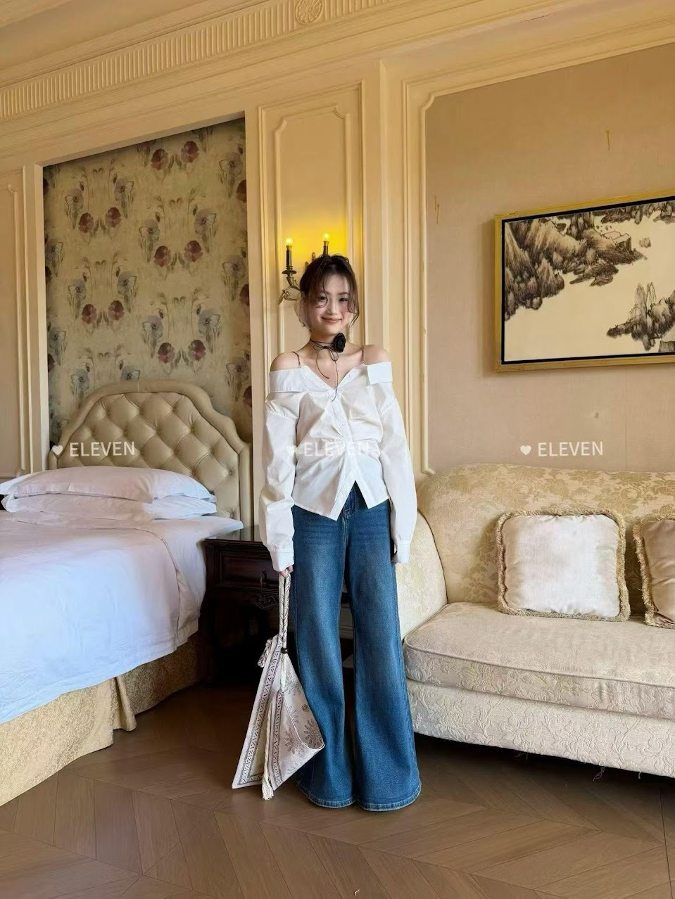 Lucas - Áo sơ mi trễ vai dây kim loại ELEVEN dài tay dáng suông