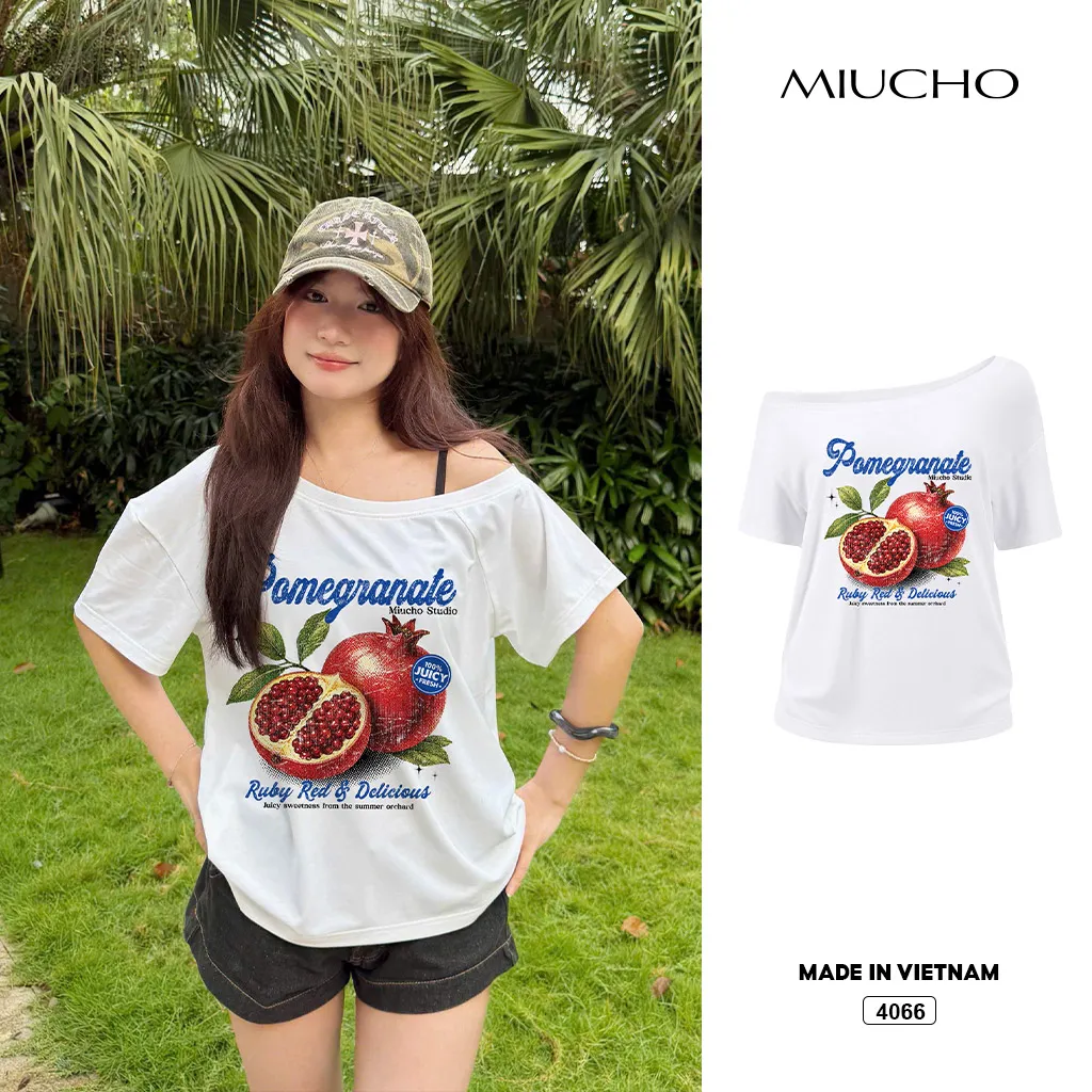 Áo thun nữ lệch vai form rộng Juicy Miucho 4066