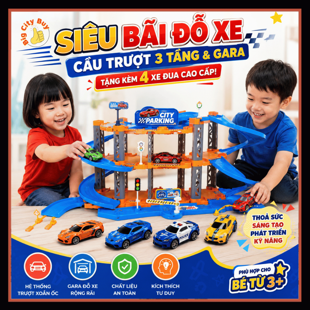 Bãi Đỗ Xe Gara Ô Tô 4 Tầng Cho Bé Kèm 4 Xe Cầu Trượt Đường Đua Phát Triển Tư Duy Sáng Tạo Đồ Chơi BigcityBuy 335BDX