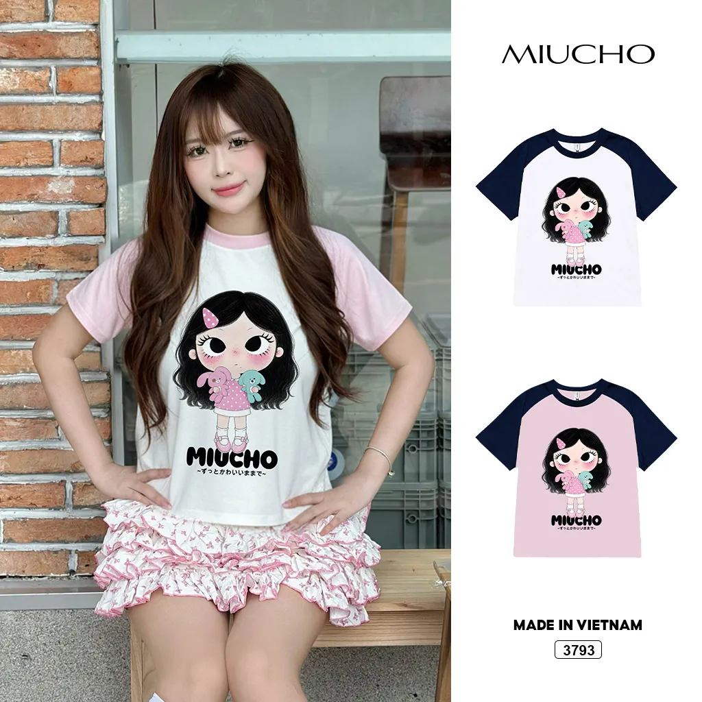 Áo babytee phối tay raglan mix màu Cartoon Baby Girl dễ thương Miucho 3793
