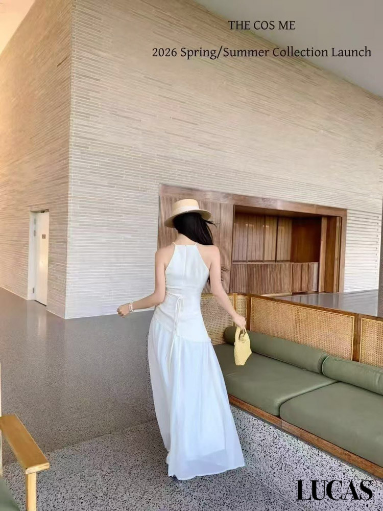 Váy maxi yếm dây cổ hạ eo chéo chân voan xòe THE COS_thumbnail_2
