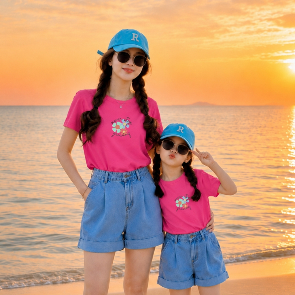 Áo đôi Mẹ & Bé Gái hình hoa, chữ 