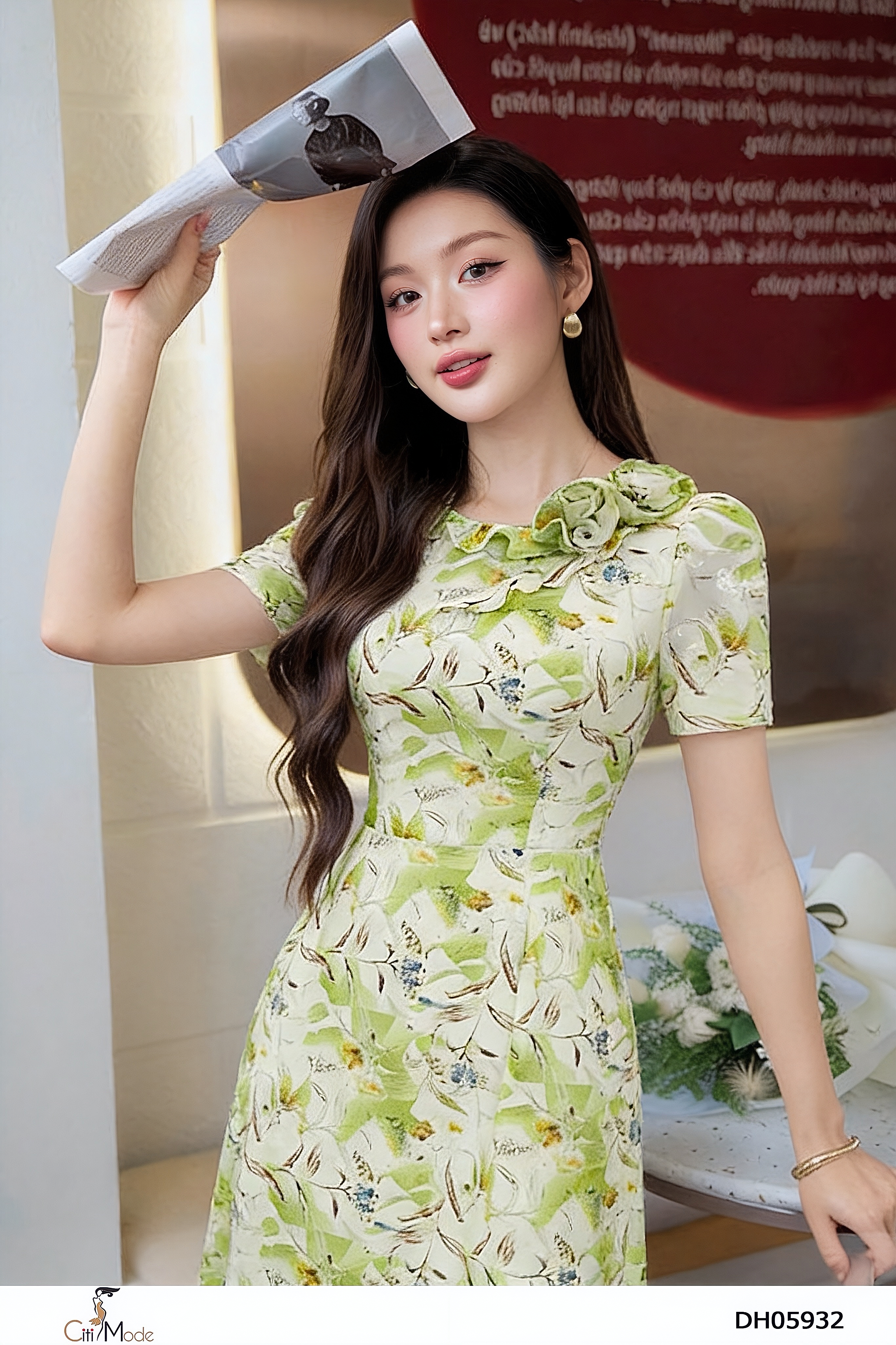 Đầm xòe hoa xanh cổ bèo đính hoa tay cọc_thumbnail_2