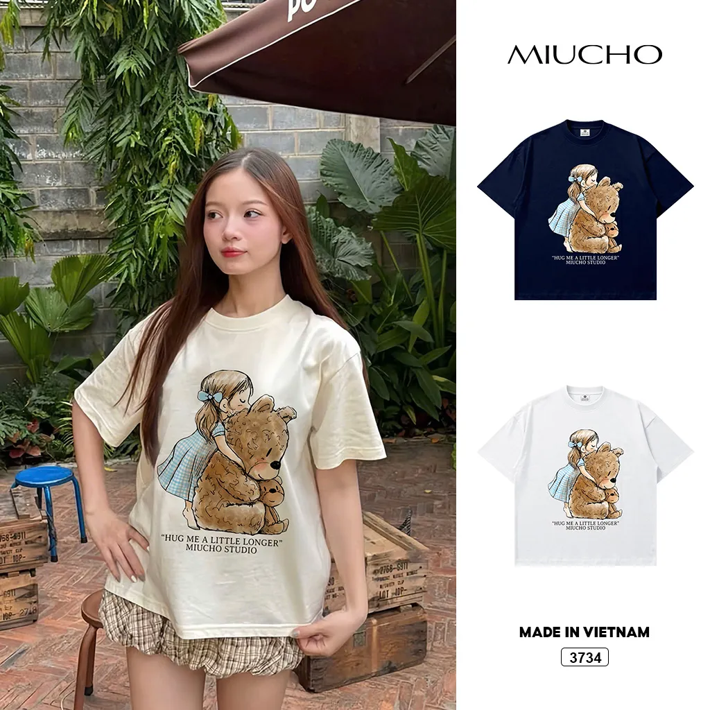 Áo thun boxy nữ phong cách dễ thương hoạt hình gấu Miucho 3734