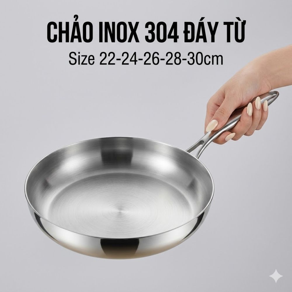Chảo Inox đáy từ 3 Lớp Mishio Size 28 cm MK436 – Đúc Nguyên Khối, Đáy Từ, An Toàn Vượt Trội