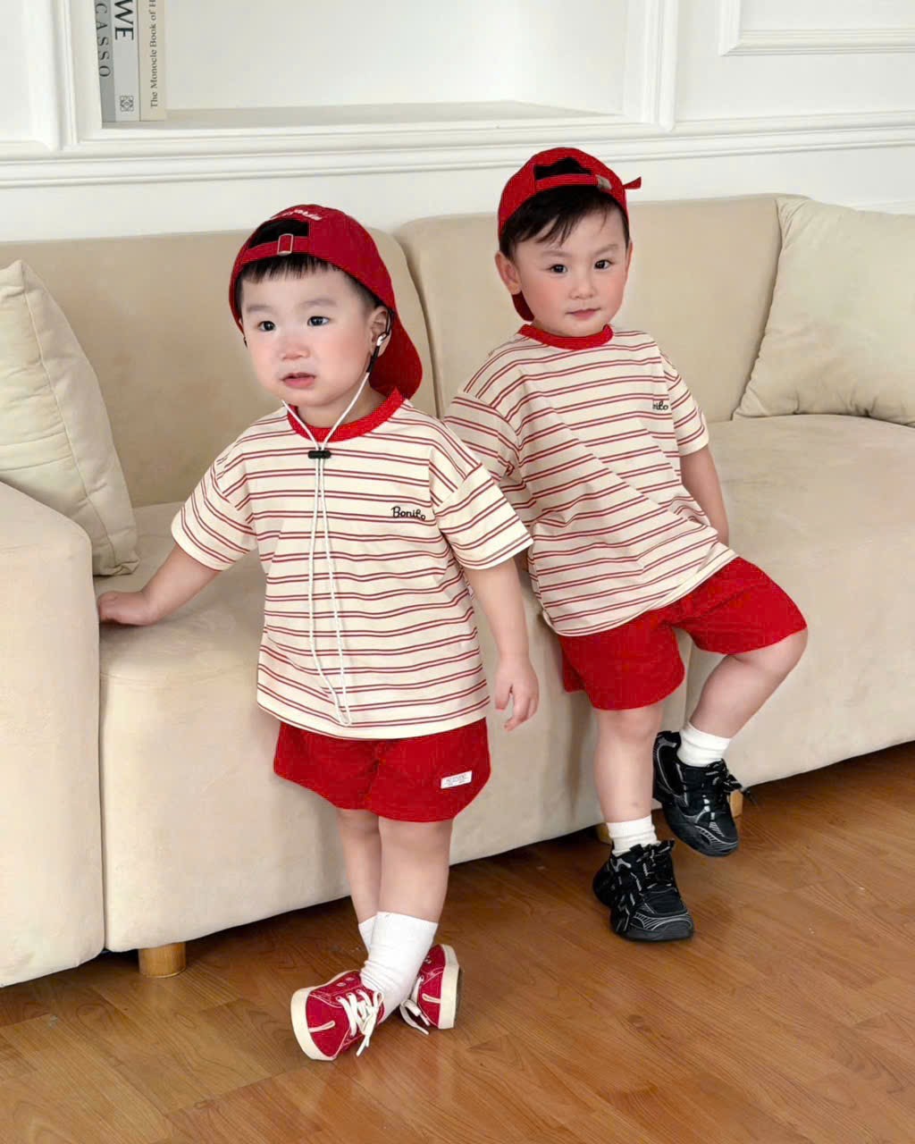 Set bộ cotton trắng đỏ kẻ