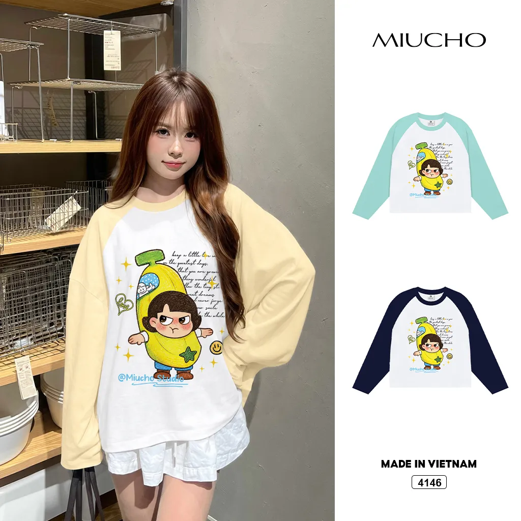 Áo thun tay dài form boxy phối tay Cartoon Miucho 4146