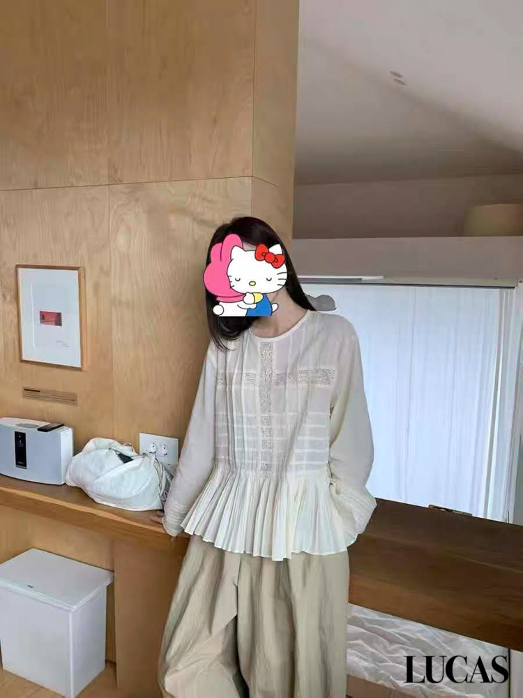 Áo sơ mi thô phối ren + xếp ly ô vuông gấu xếp ly