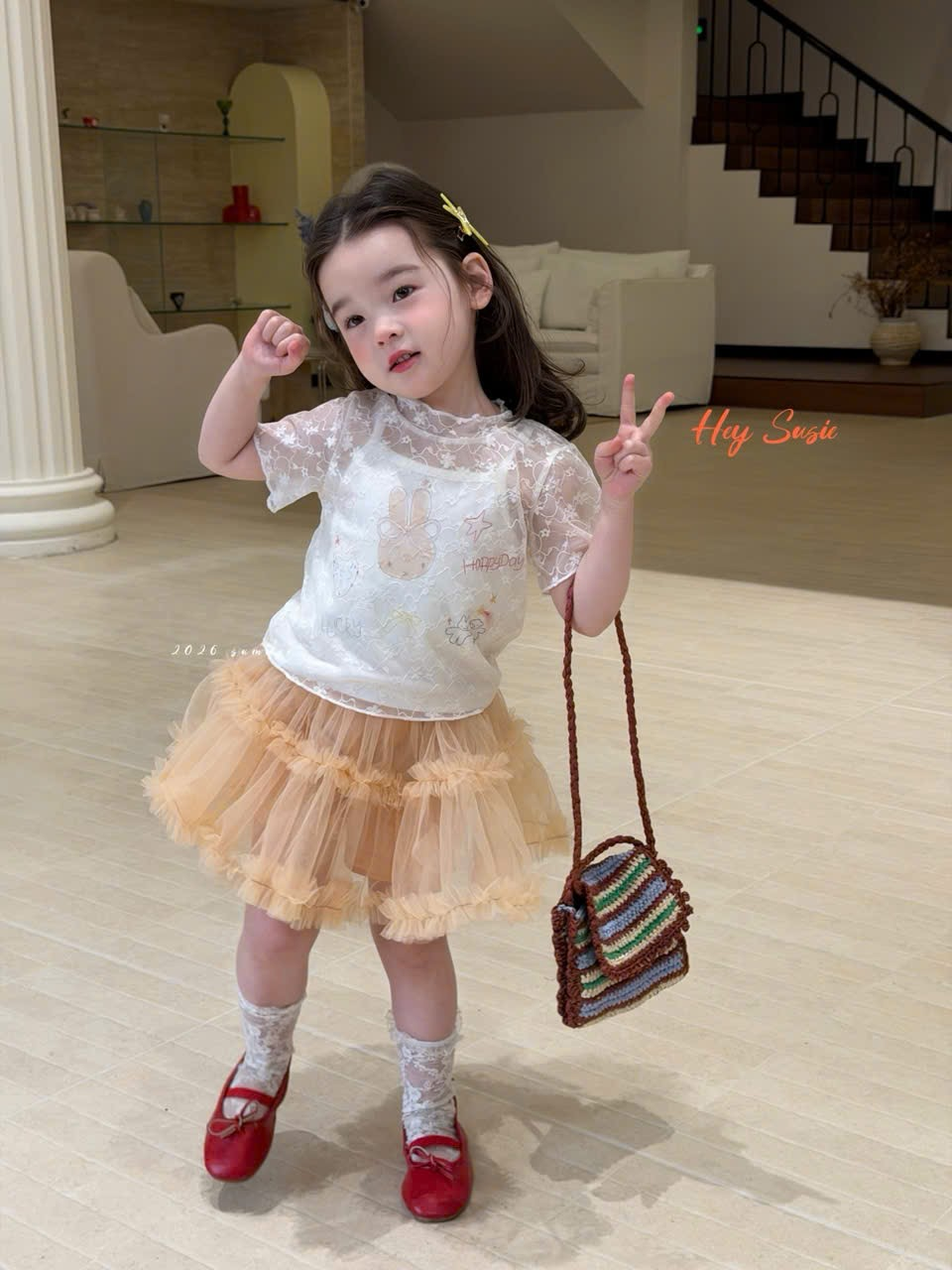 HS17 - Áo áo 2 dây trắng hoạ tiết thỏ mix áo lưới hãng Hey Susie