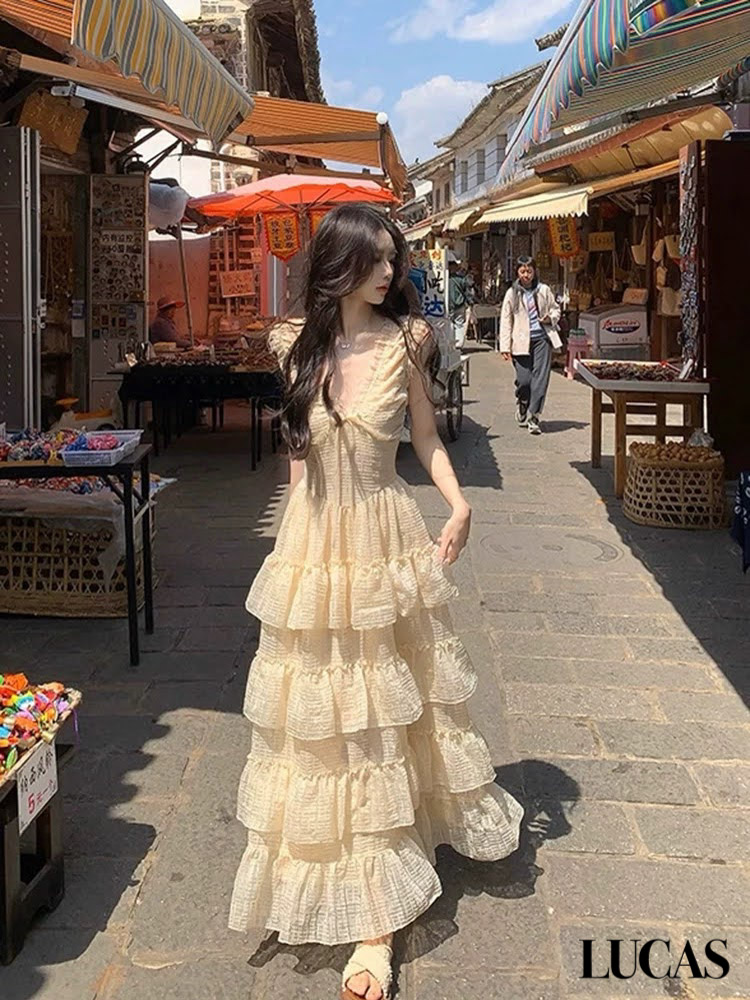 Váy maxi zile phối ngực ren cổ tim nơ ngực, ôm eo, chân váy xòe 4 ầng_thumbnail_4