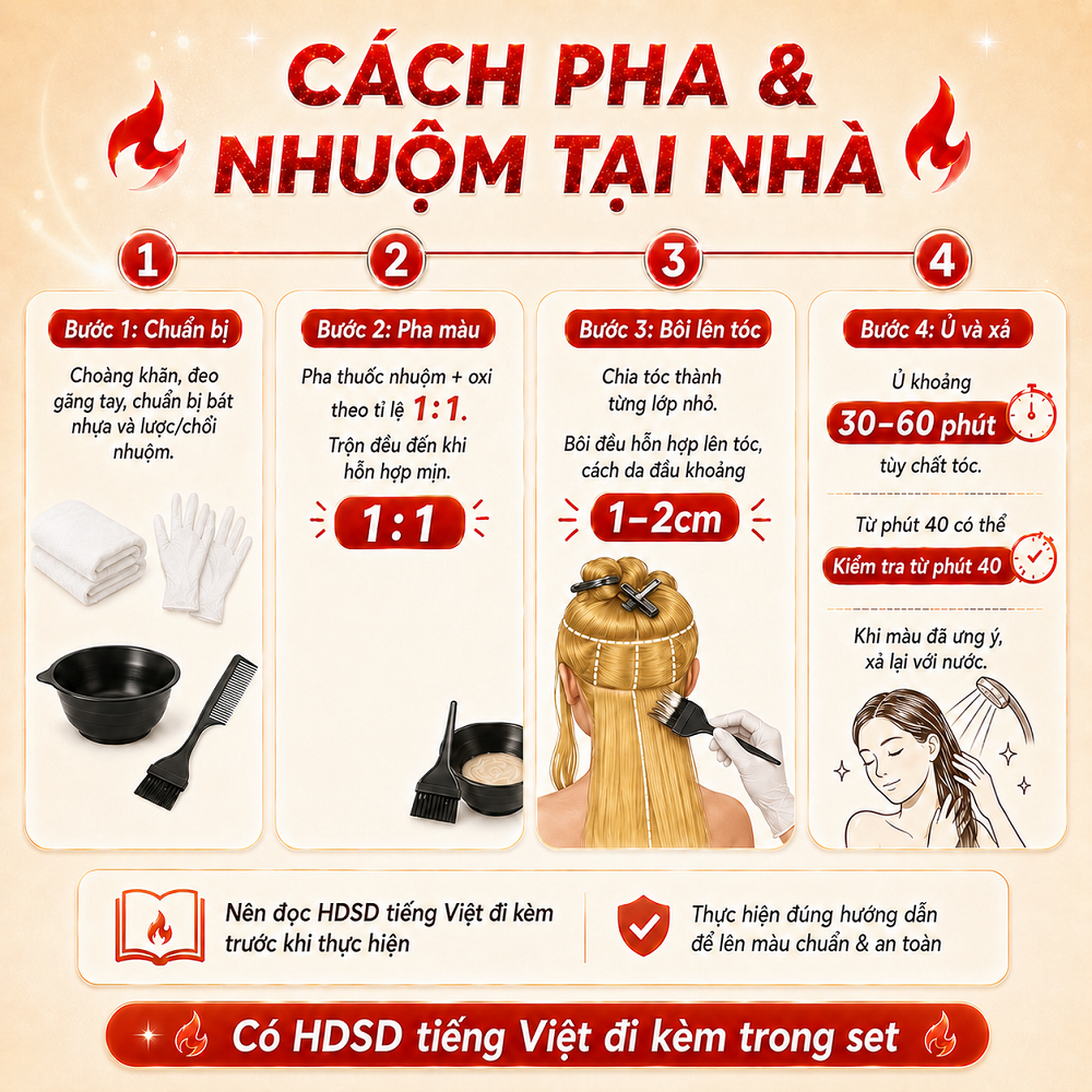 Thuốc Nhuộm Tóc Màu Đỏ Lửa (Đỏ Tươi) Rực Rỡ Tôn Da - Cần Tẩy/Nâng Tone - Kèm Oxy Trợ Nhuộm Dụng Cụ Tại Nhà_thumbnail_8