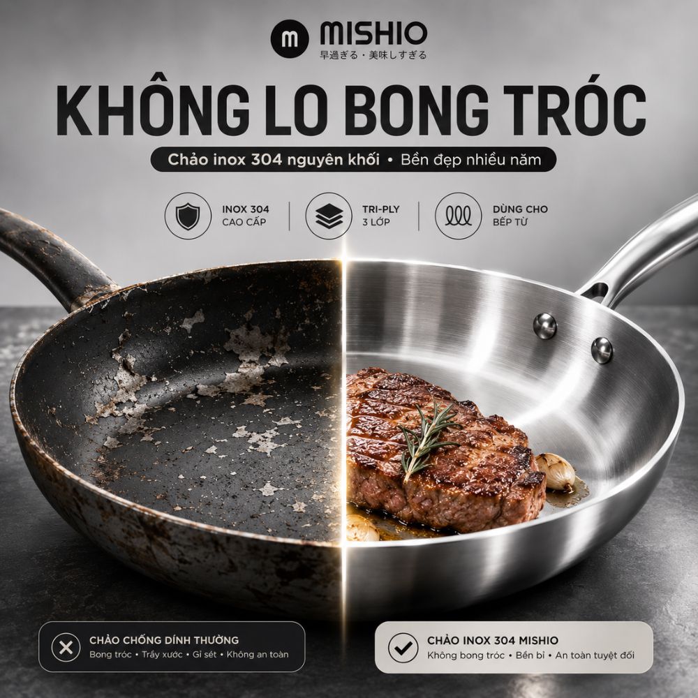 Chảo Inox đáy từ 3 Lớp Mishio Size 24 cm MK434 – Đúc Nguyên Khối, Đáy Từ, An Toàn Vượt Trội
