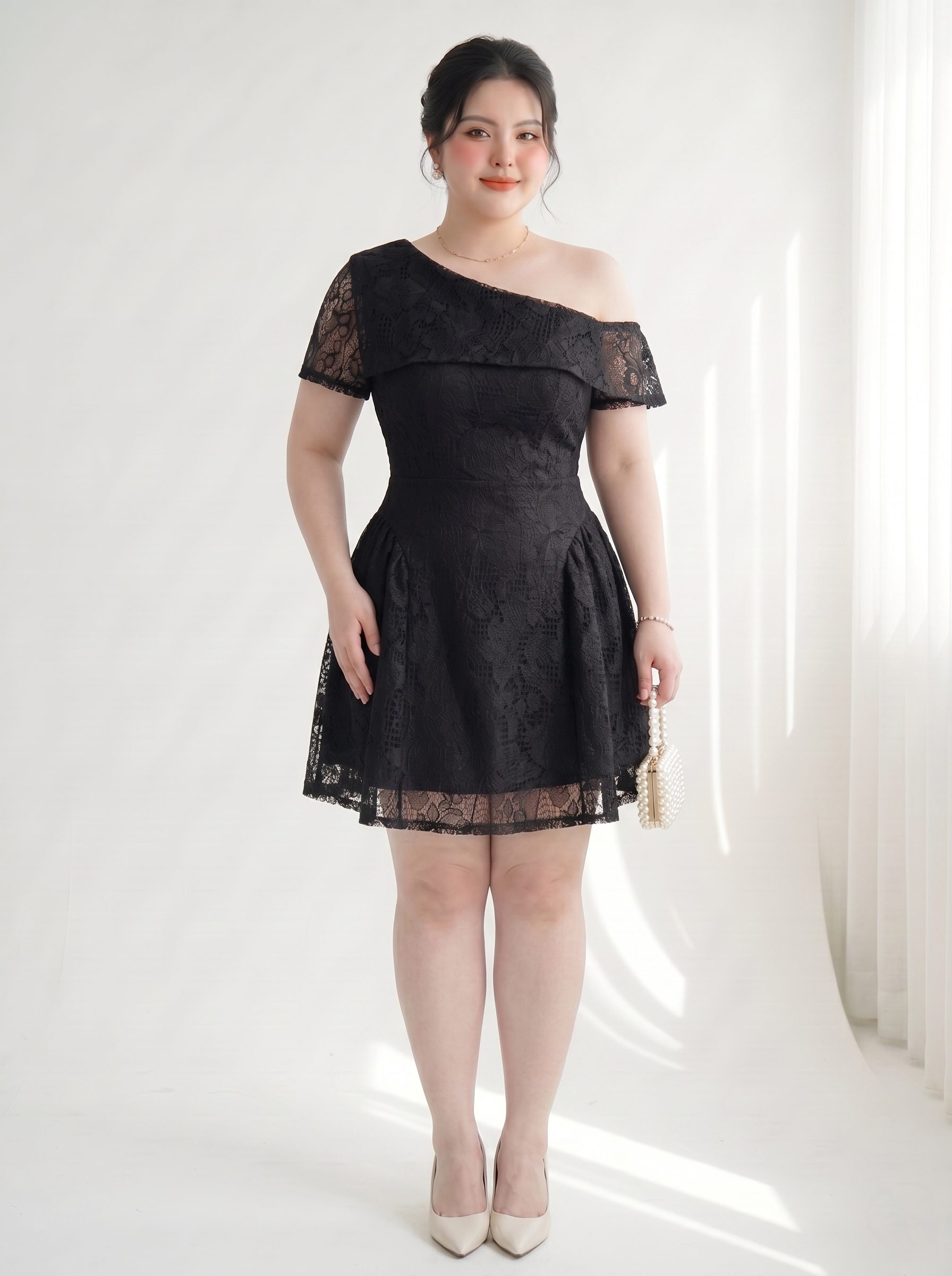 BIGSIZE NỮ - Đầm ren kiểu trễ vai 1 bên V-DA210
