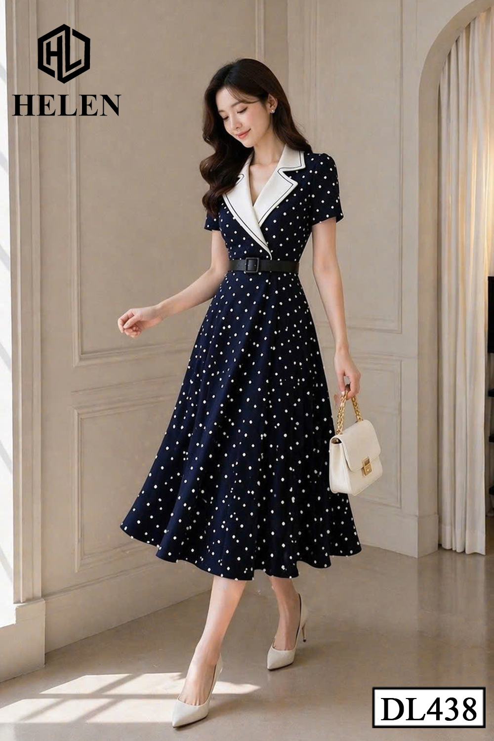 Đầm xòe XANH CHẤM TRẮNG phối cổ vest trắng DL438