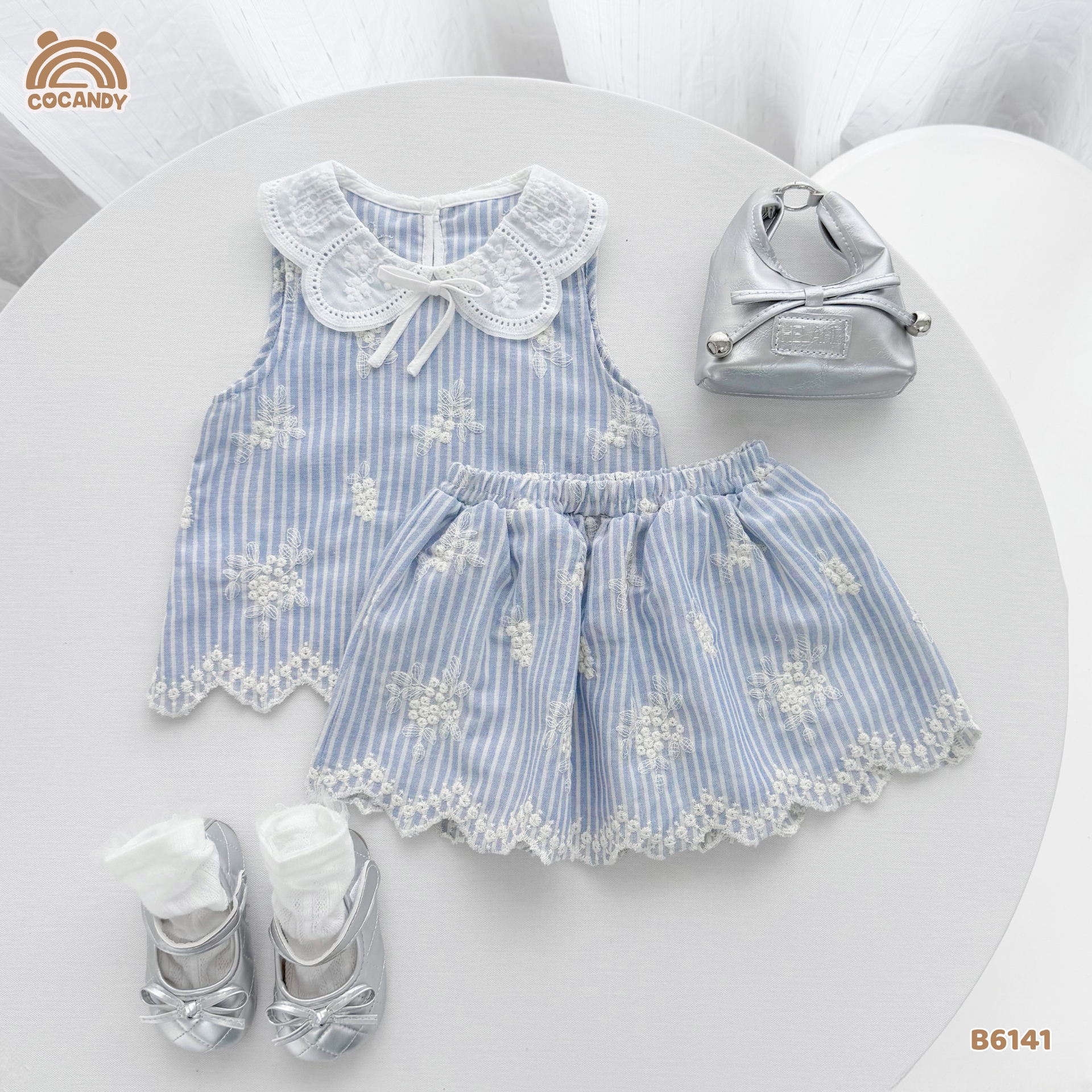 Bộ váy thô XANH DƯƠNG hoa trắng phối ren_thumbnail_1