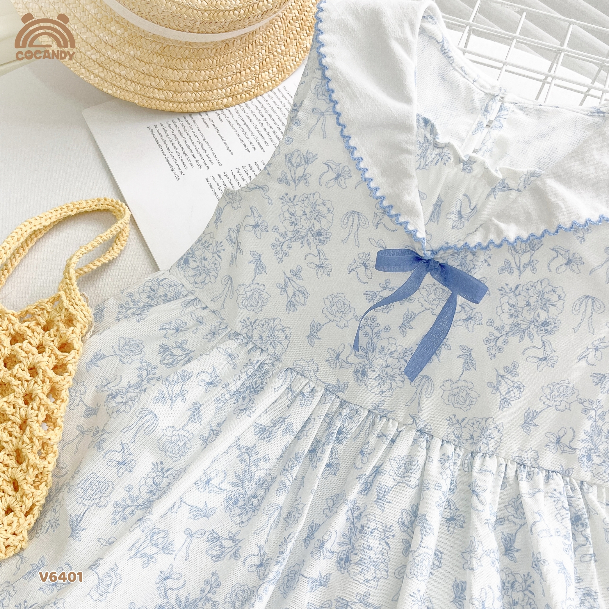 Váy sát nách linen TRẮNG hoa nhí xanh cổ nơ_thumbnail_2