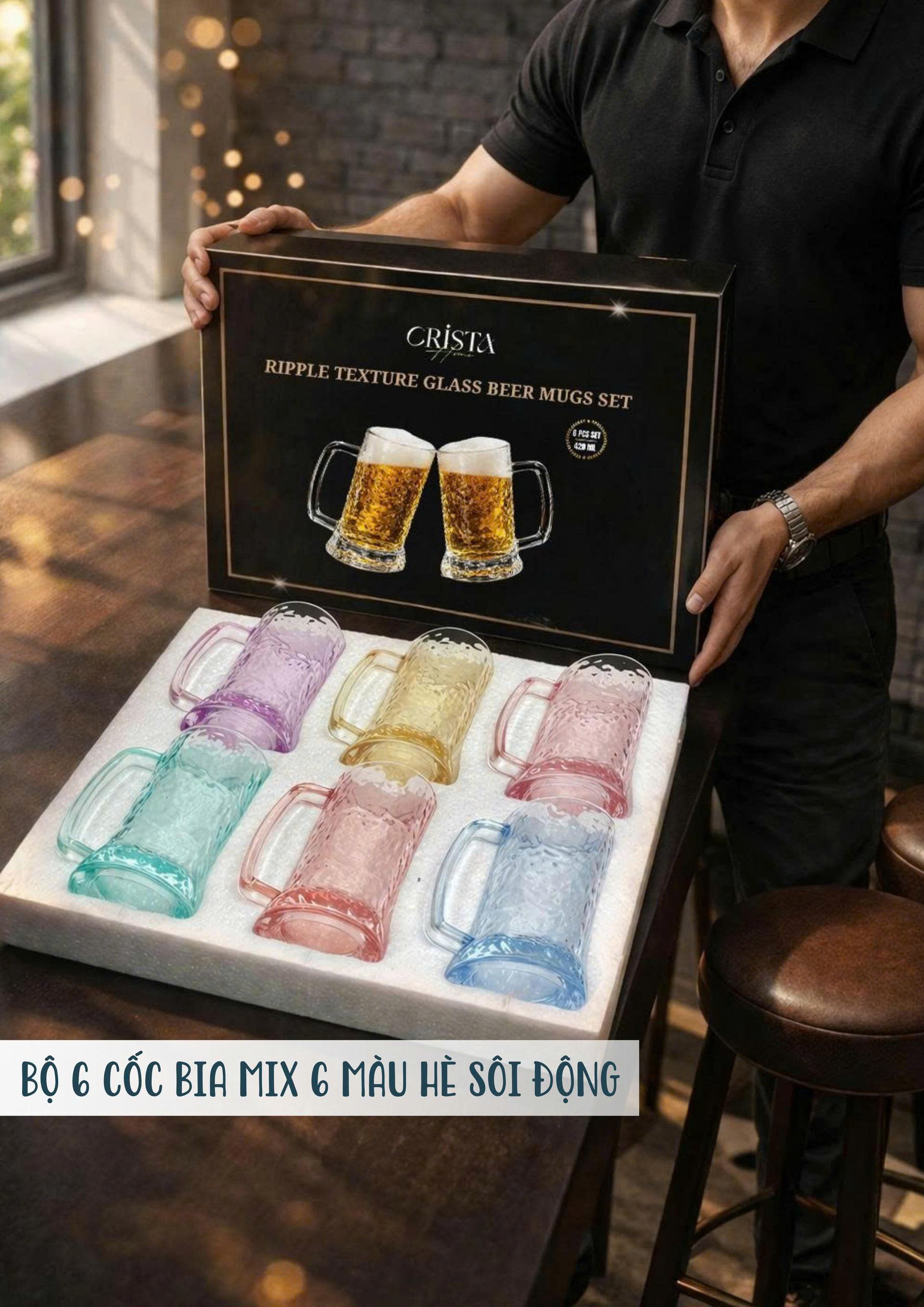 Bộ 6 cốc ly bia thủy tinh vân sóng nước có quai 420ml Crista Home_thumbnail_3