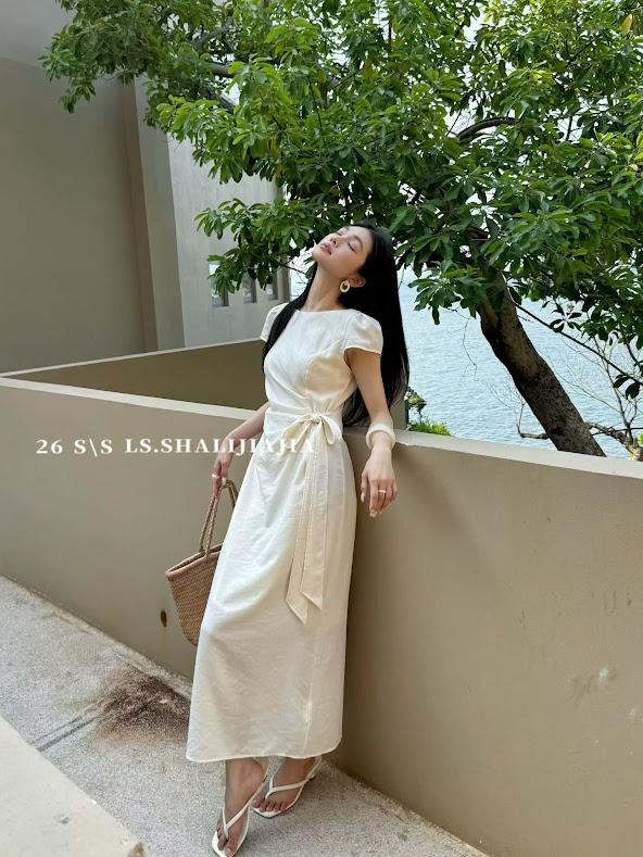 Lucas - Váy cổ thuyền cộc tay dáng dài may rúm phối dây buộc lệch eo_thumbnail_4