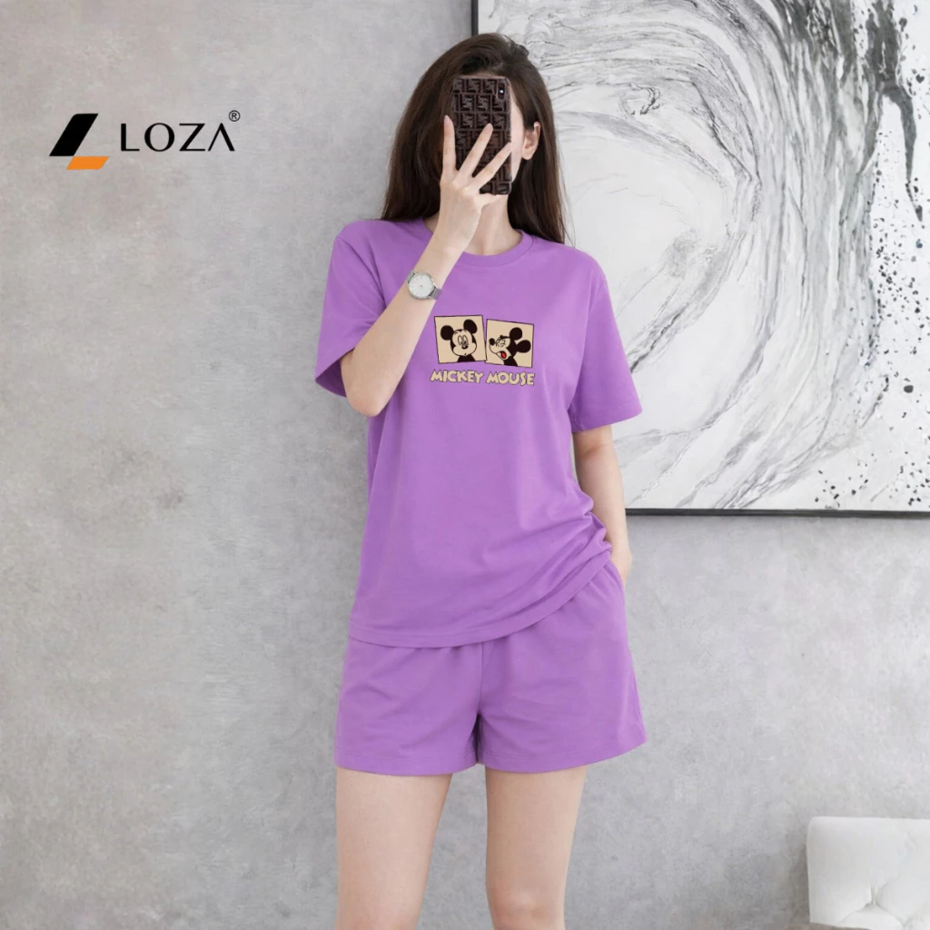 [Form rộng] Đồ bộ nữ hình Mickey chất liệu cotton 4 chiều - Set đồ nữ gồm áo thun và quần đùi cotton - LOZA G0054