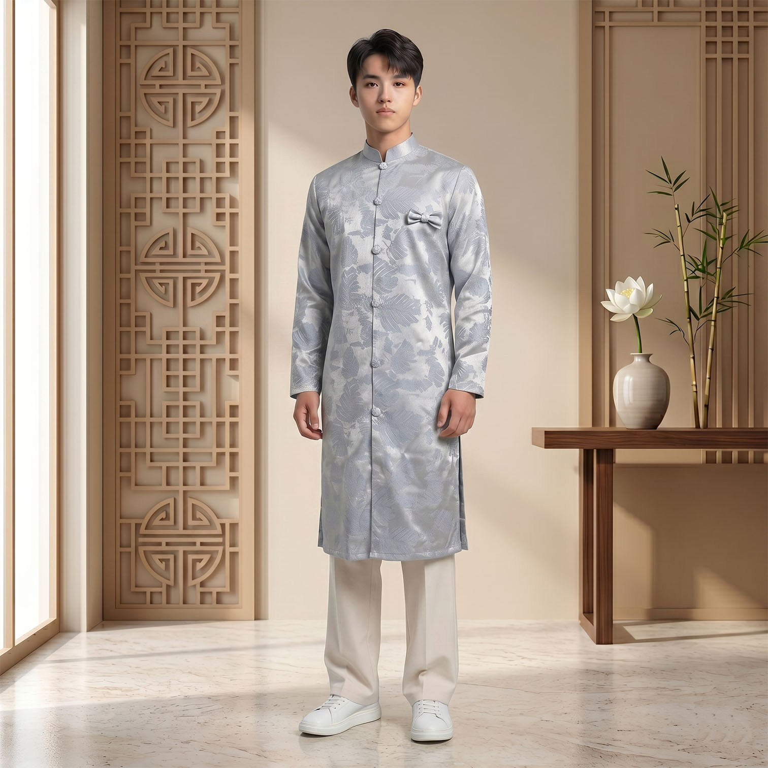 Áo Dài Nam Gấm Châu Sa Cao Cấp Xanh Bạc - Họa Tiết Mới Lạ Trẻ Trung NA26-15_thumbnail_5