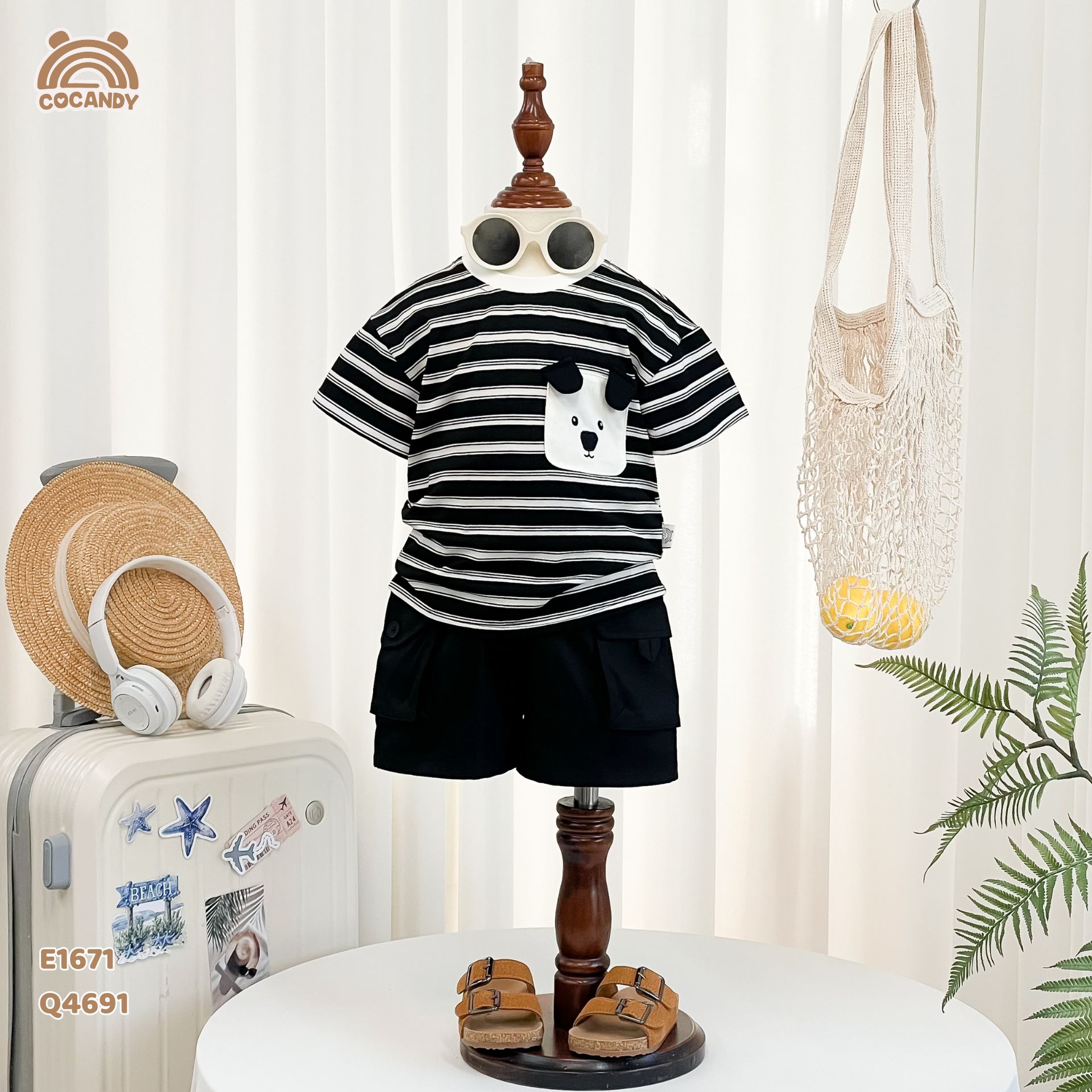 Áo cộc cotton kẻ ĐEN túi gấu