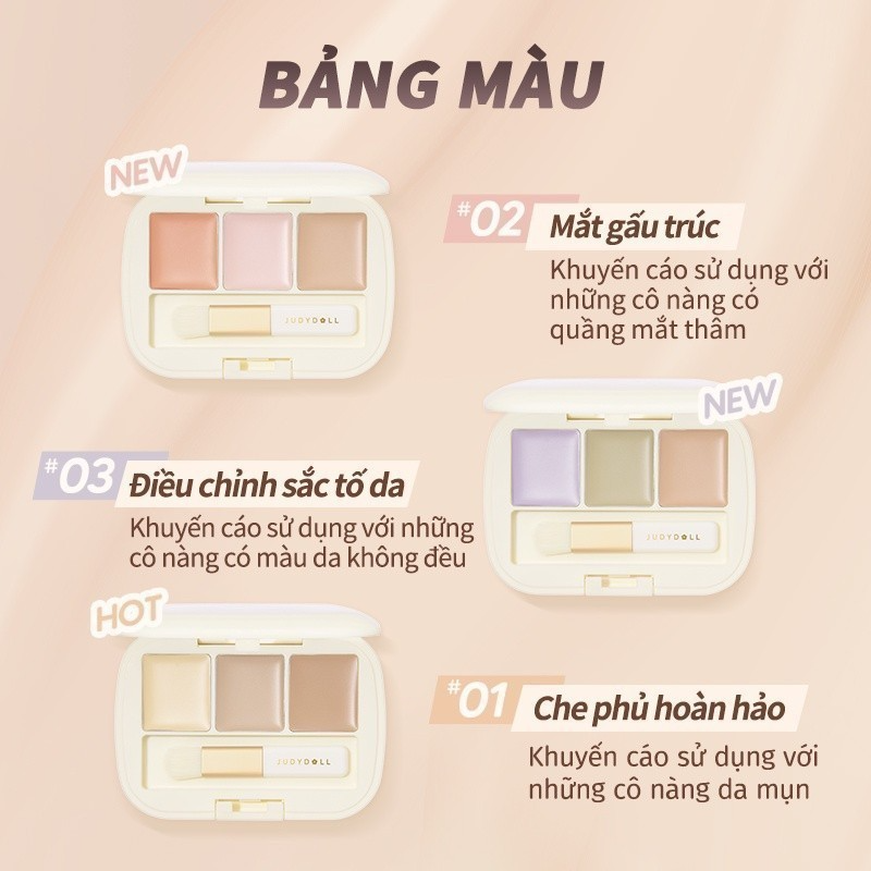 [JUDYDOLL] Bảng che khuyết điểm 3 ô Judydoll Moisturizing 3-Color Concealer Palette