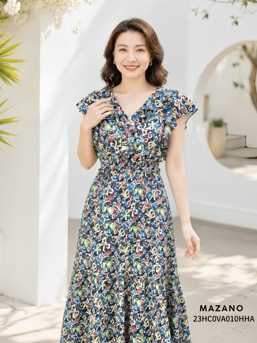 Váy Đầm Ôm phối bèo Vải thô mỏng Họa tiết hoa nhí Cổ V Tay ngắn cách điệu Dài ngang bắp chân 23HC0VA010HHA