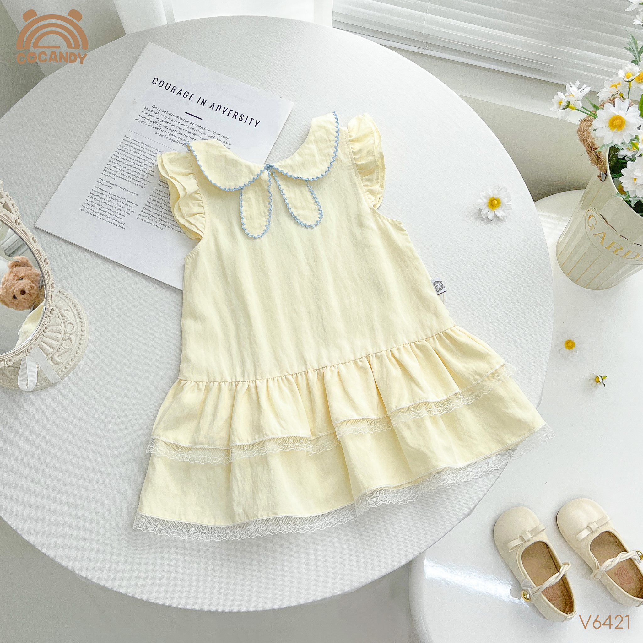 Váy sát nách thô VÀNG cổ nơ 2 tầng