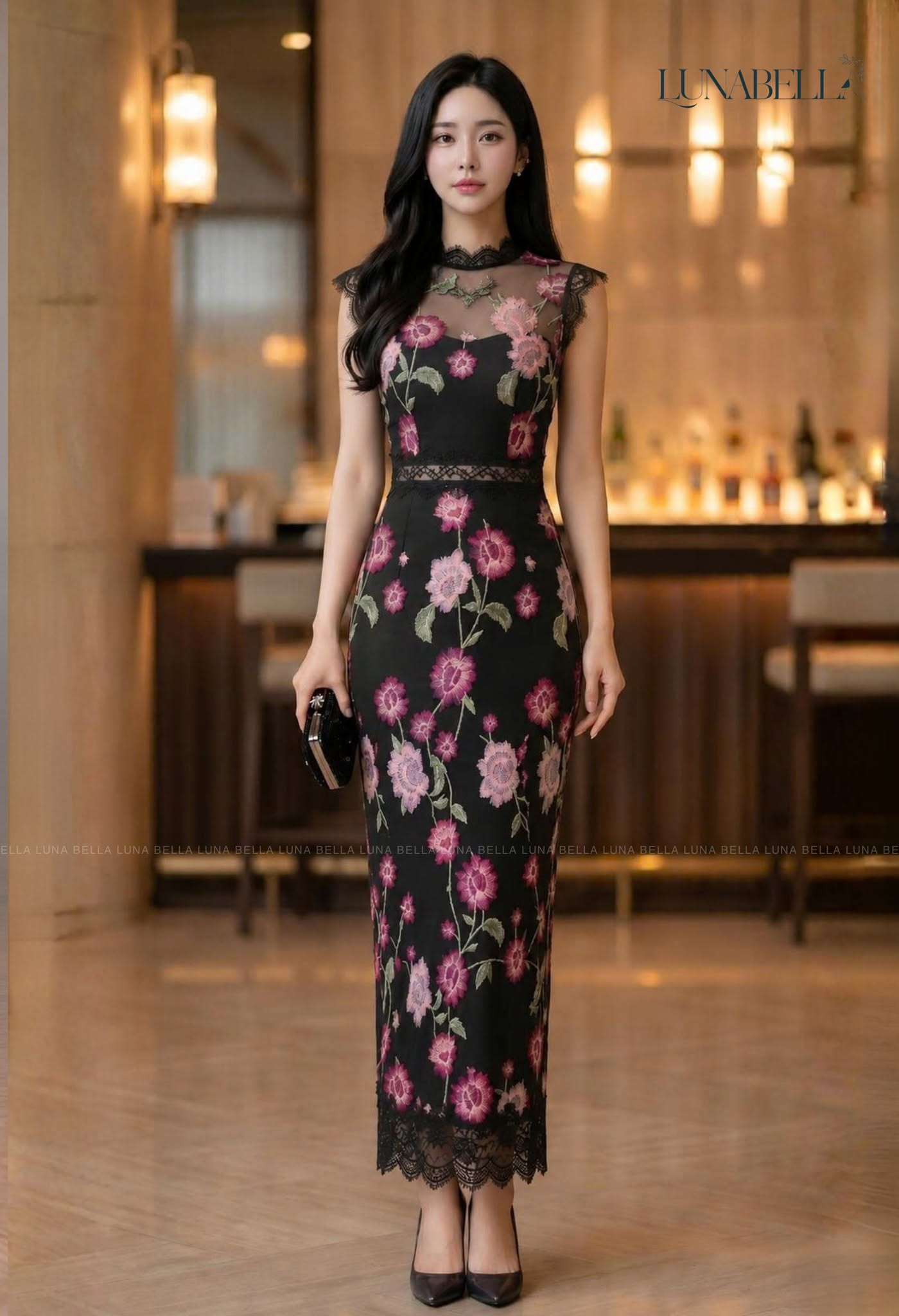 Váy ren dài thêu hoa nổi EVANIA màu ĐEN