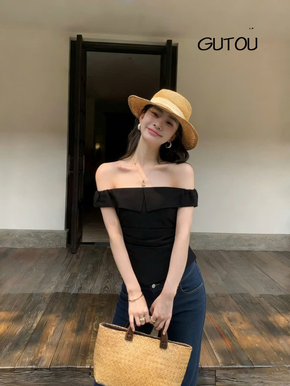 [ GUTOU ] Áo Trễ Vai Xếp Ly Co Giãn Elegance Style_thumbnail_5