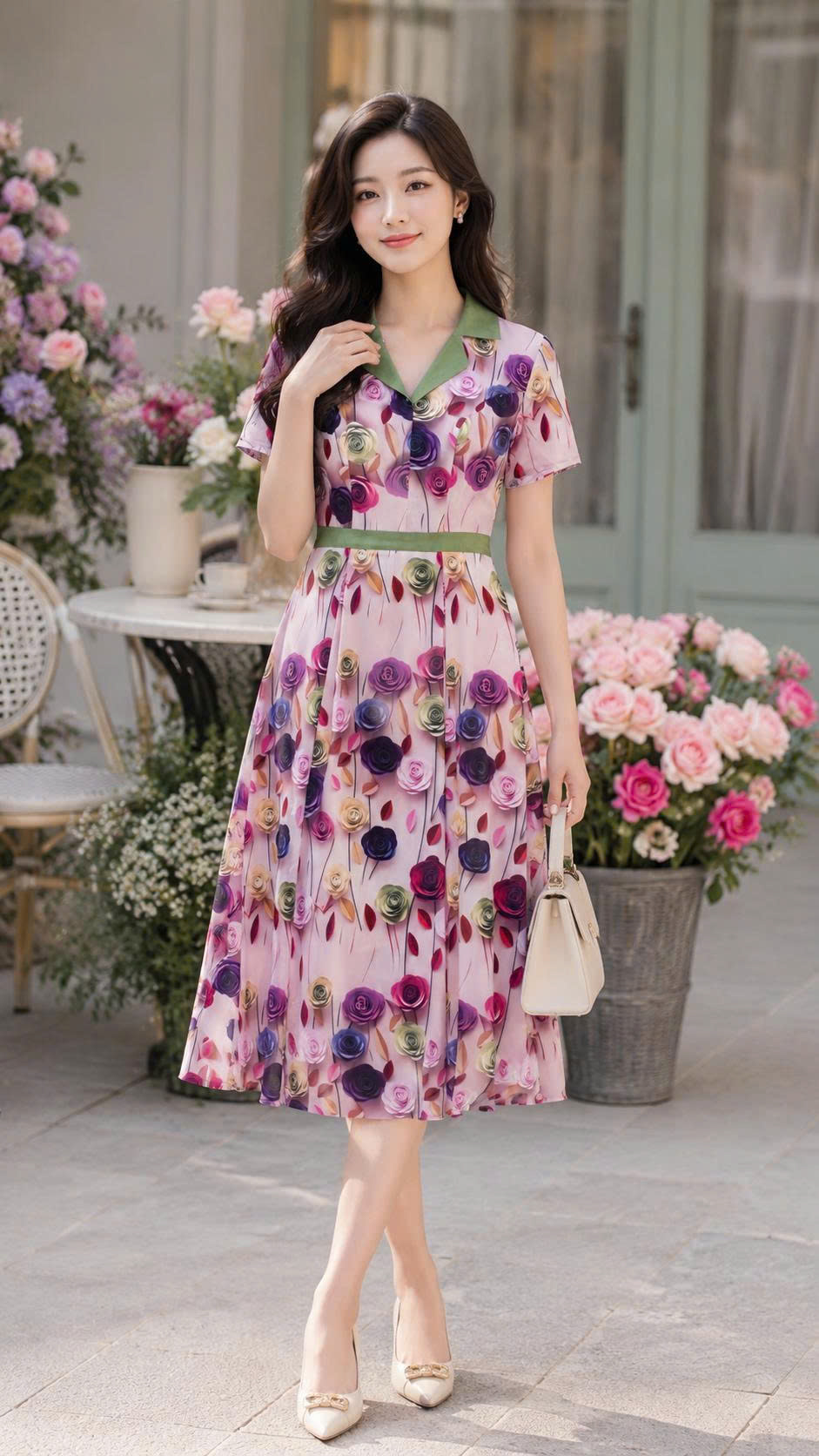 Đầm hoa dáng xòe cổ ve tay ngắn phối đai D4014
