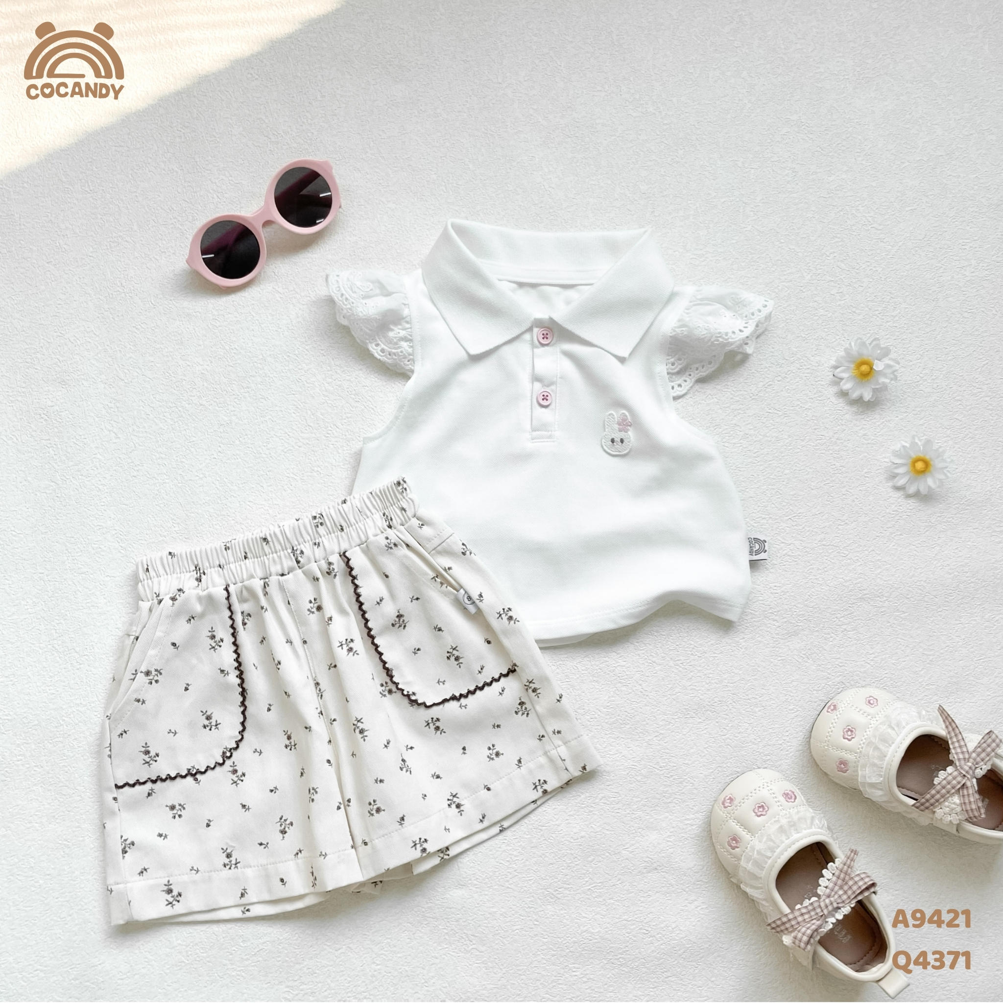Áo cộc polo TRẮNG tay cánh tiên ren thêu thỏ_thumbnail_5