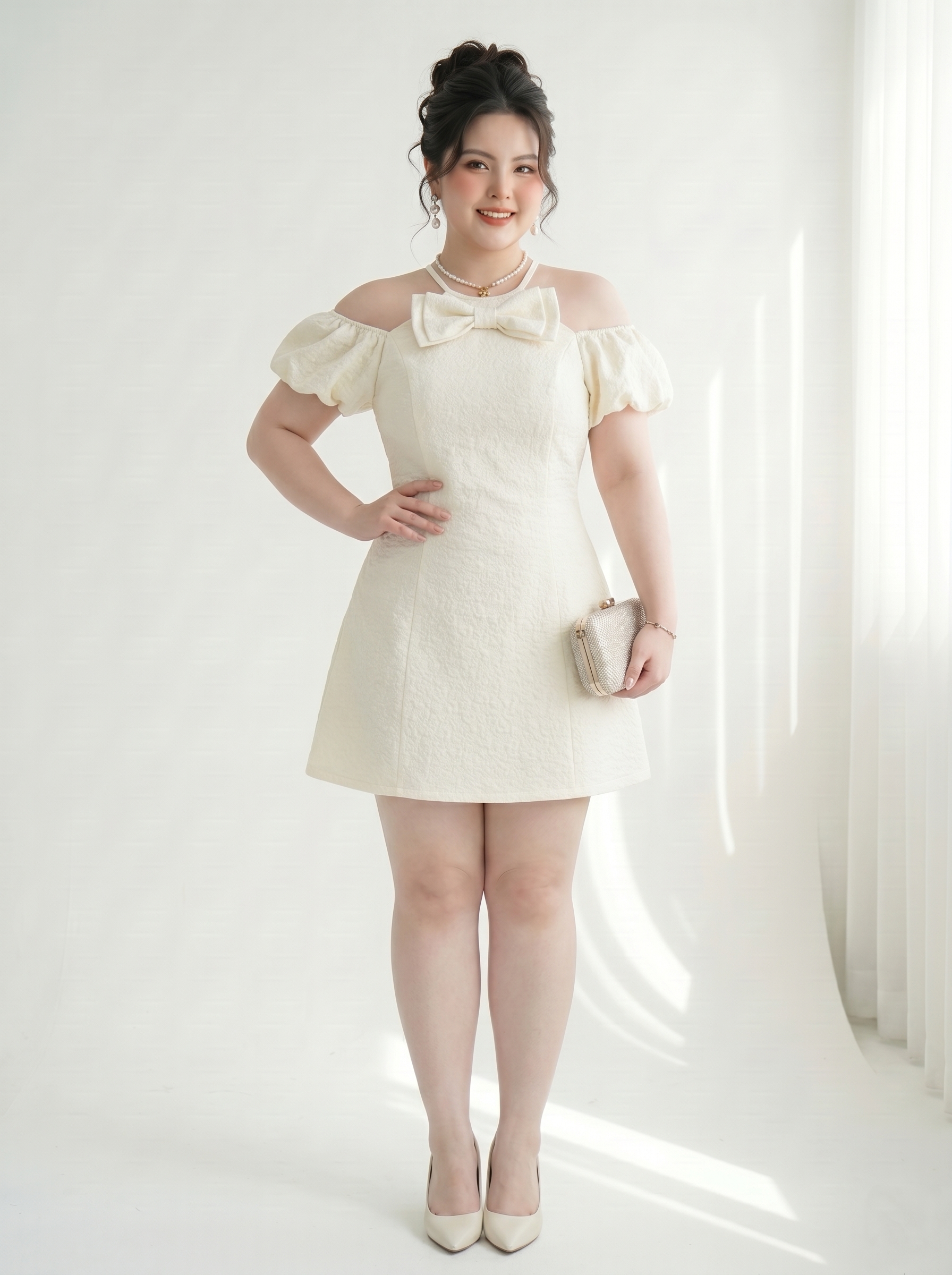 Big Size A-Line Dress with Bow and Off Shoulder Camisole, Light Waist, Soft Silk Lining, Back Zipper - Fits 55-90kg - V-DA228