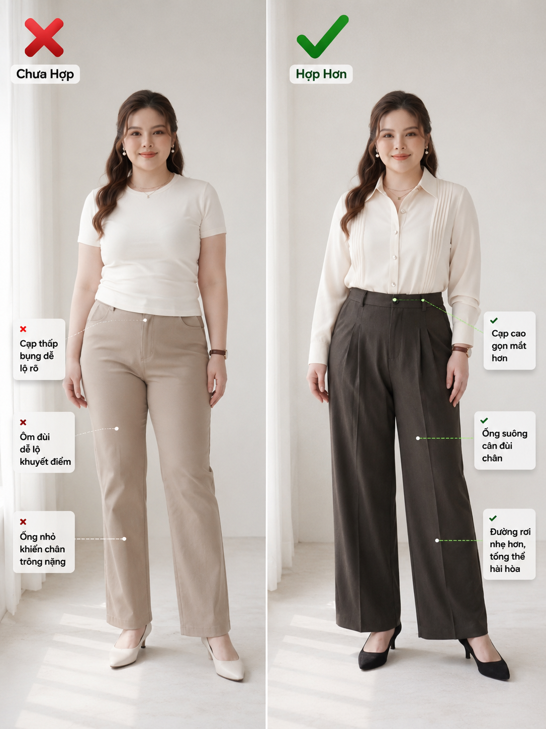 Ảnh tư vấn form quần cạp cao ống suông phù hợp với dáng bigsize