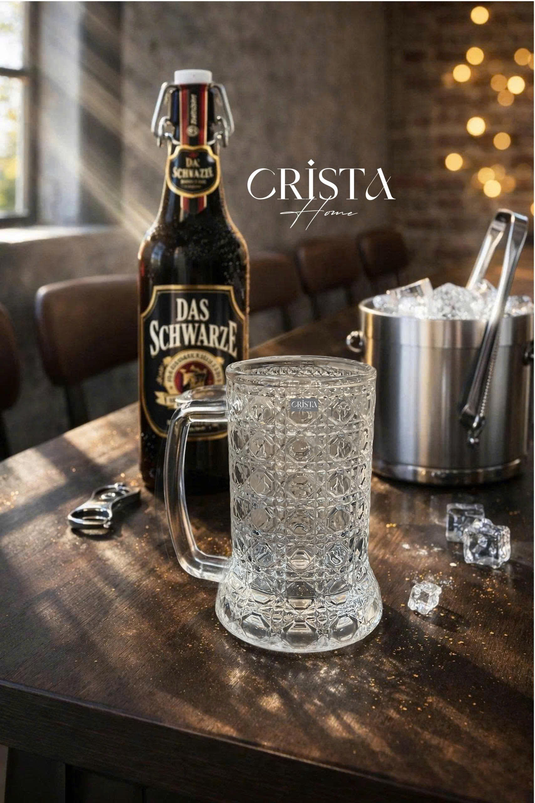 Bộ 6 cốc bia thủy tinh vân pha lê nổi có quai 420ml Crista Home