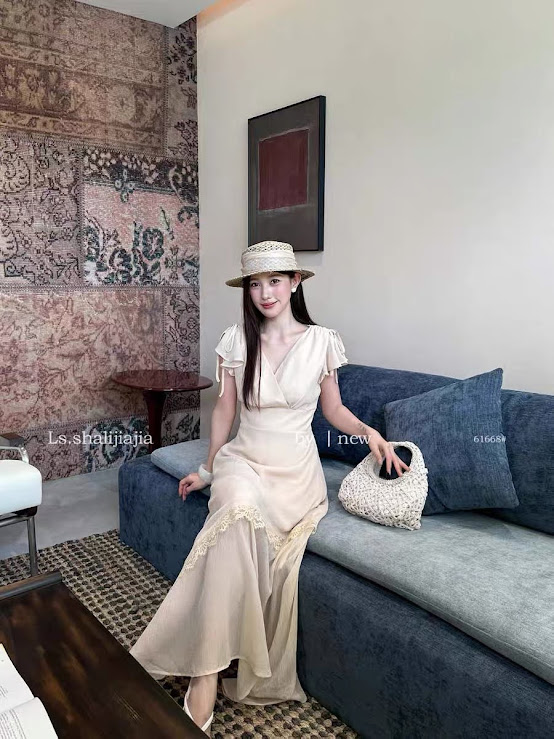 Lucas - Váy cổ tim đan tay bèo buộc nơ, chân váy xòe 2 lớp vạt ngoài viền ren chéo_thumbnail_4