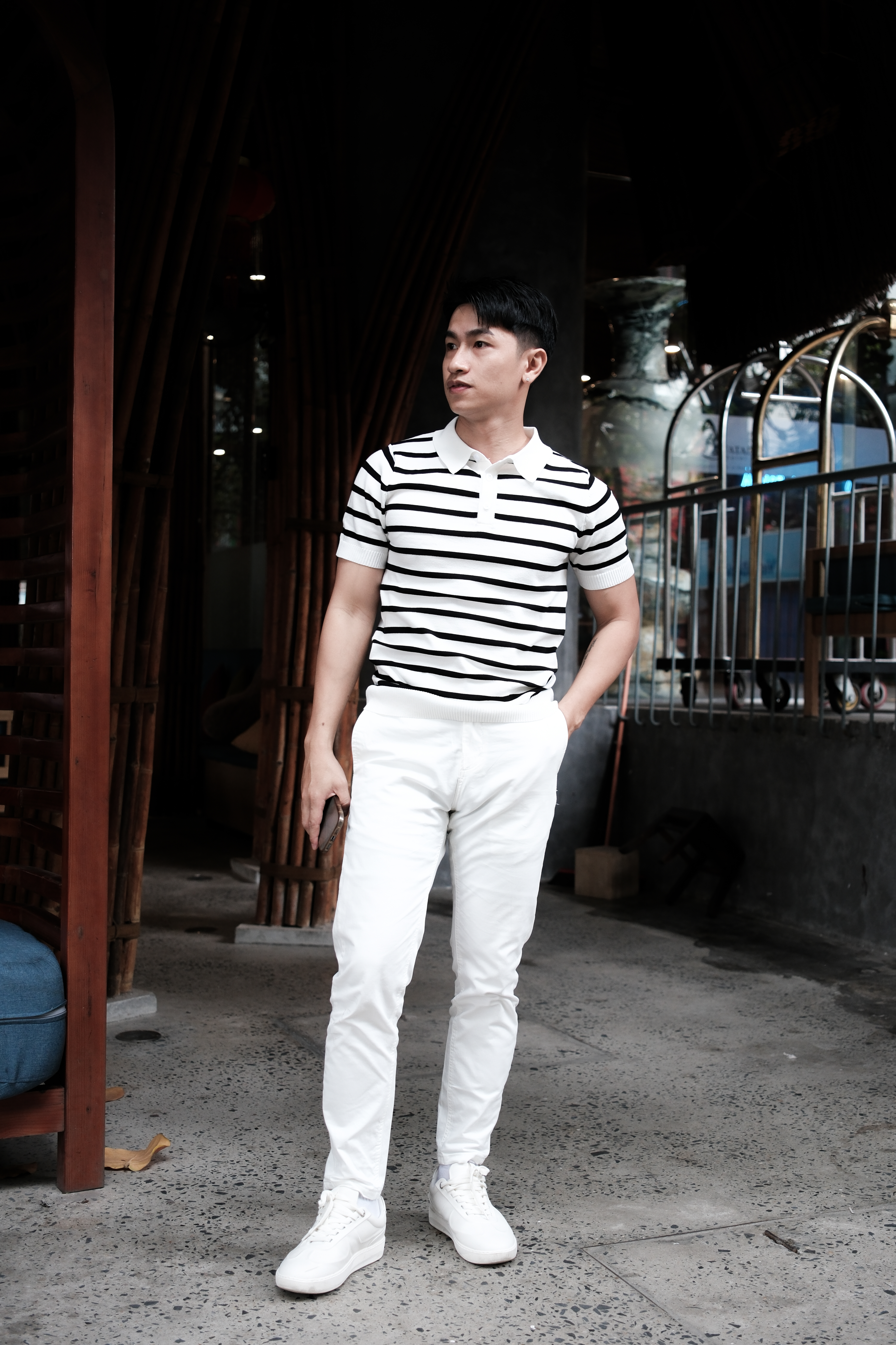 PB1 - Áo Polo Nam Dệt Kim Sọc Đen Trắng Phong Cách Retro Mùa Hè