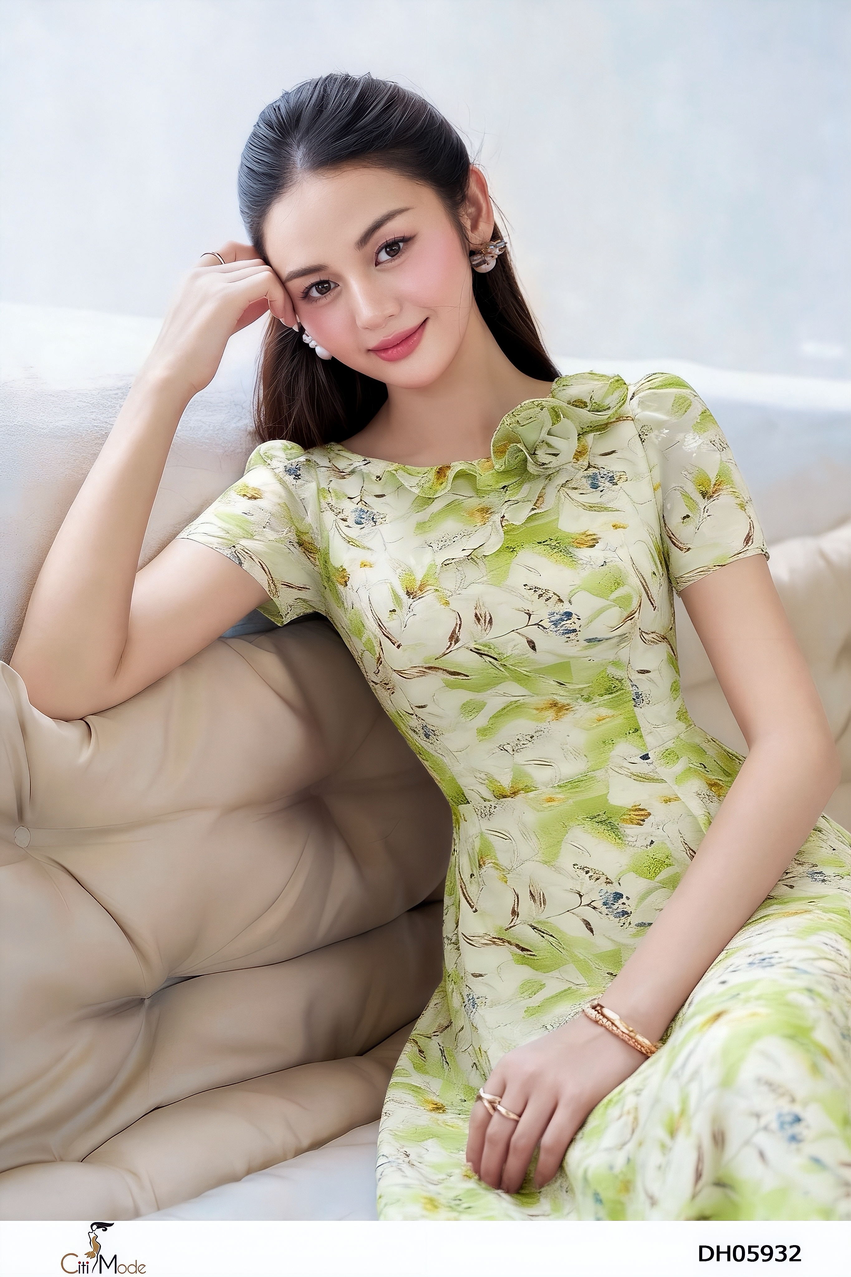 Đầm xòe hoa xanh cổ bèo đính hoa tay cọc_thumbnail_3