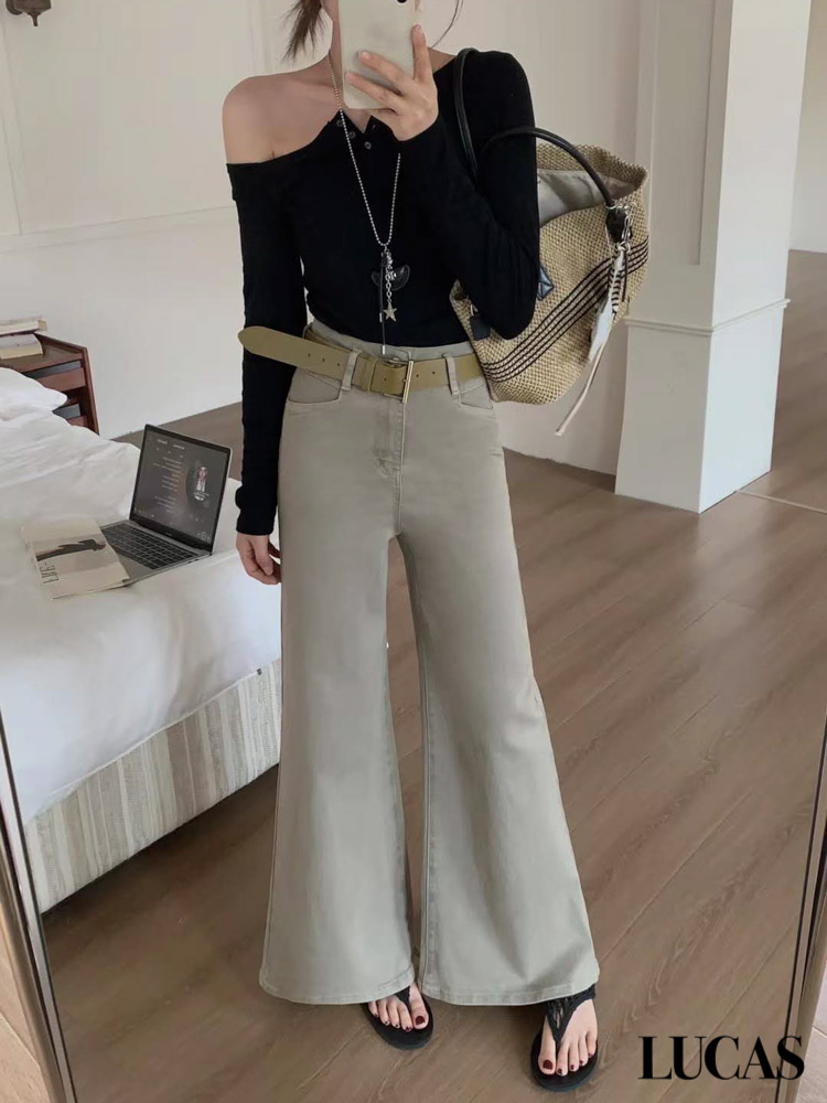 Quần Jeans ống suông loe + belt da nâu bản lớn