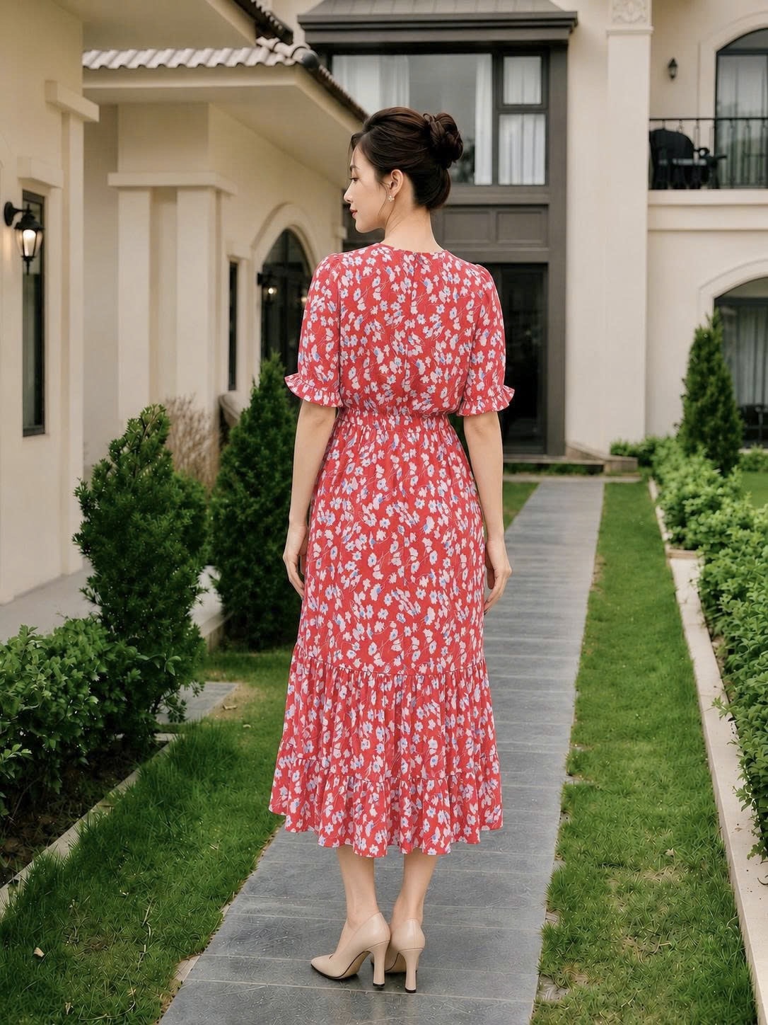 Đầm hồng họa tiết can eo bèo tầng_thumbnail_3