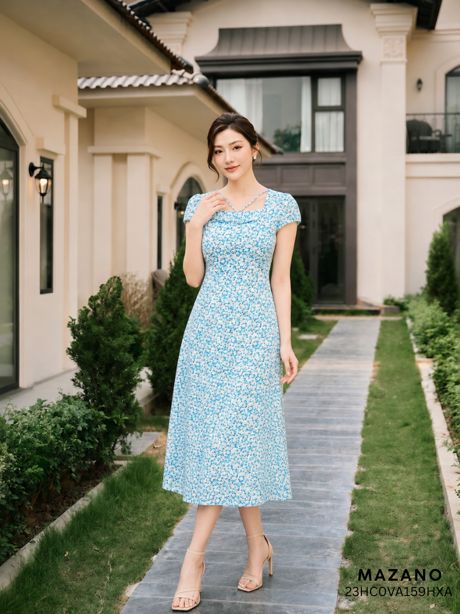 Váy Đầm ôm Chân rủ Vải thô mỏng Hoạ tiết hoa nhí Cổ V Tay ngắn Dài ngang bắp chân 23HC0VA159HXA