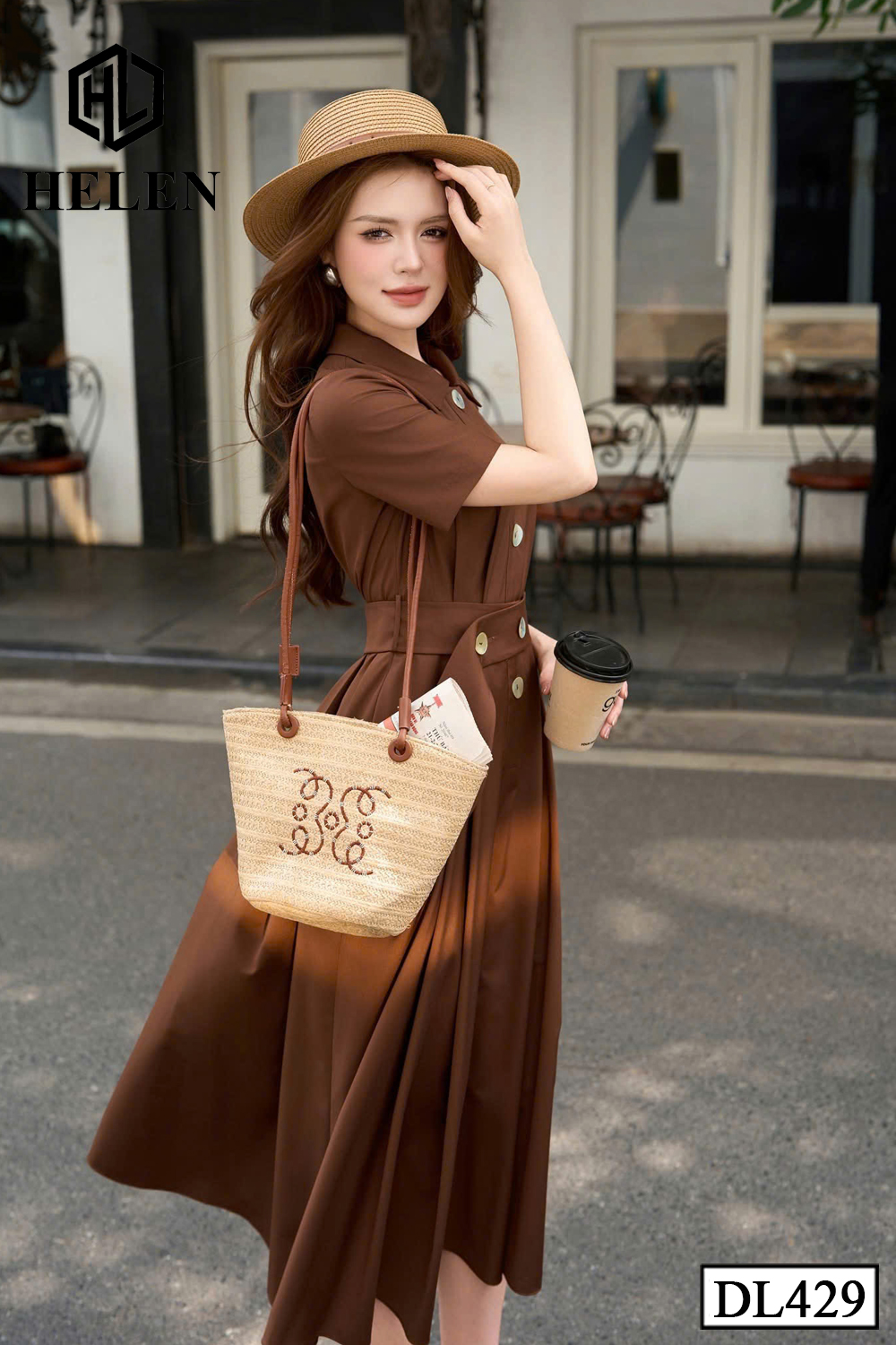 Đầm xòe màu nâu cổ đức đai eo DL429_thumbnail_2