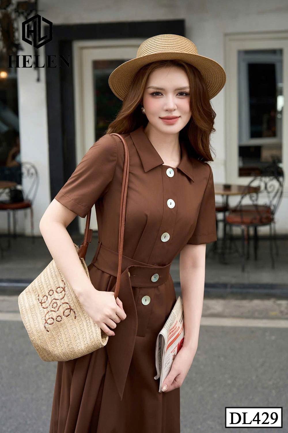 Đầm xòe màu nâu cổ đức đai eo DL429