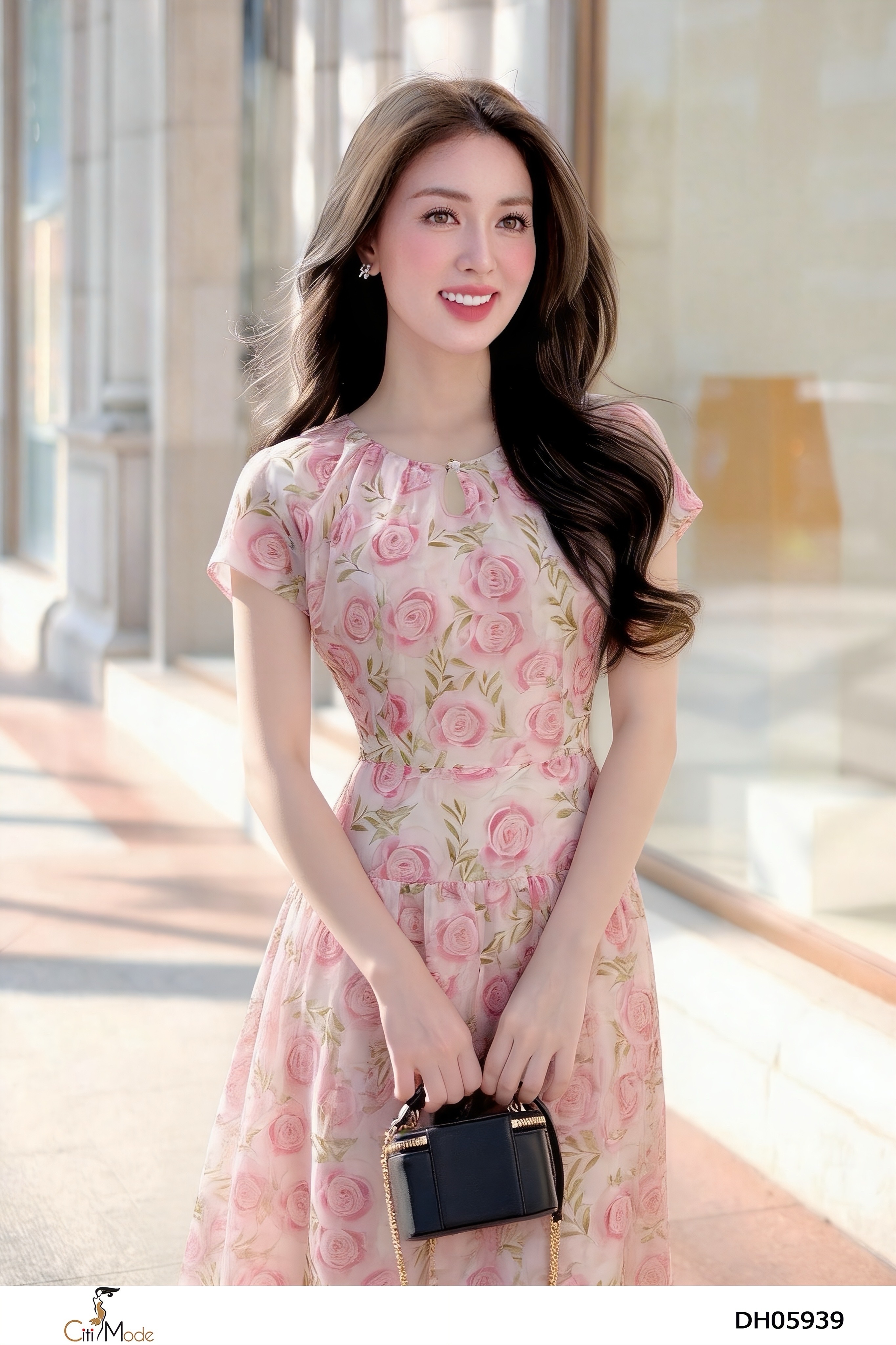 Đầm xòe hồng cổ tròn tay cách điệu_thumbnail_4