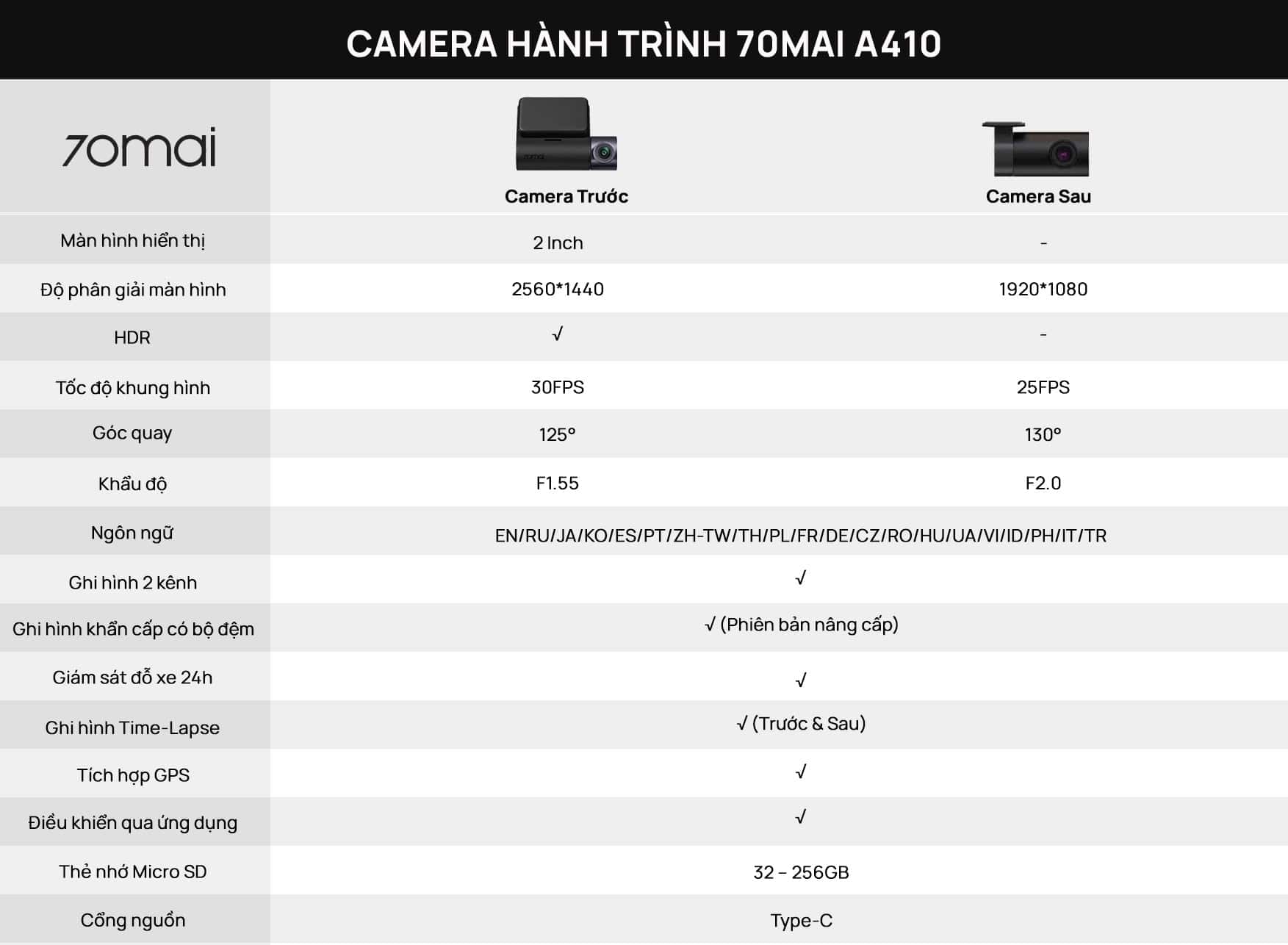 Camera 70mai A410 2.5K HDR ghi hình 2 mắt trước sau siêu nét, Hàng chính hãng Tiếng Việt_thumbnail_4