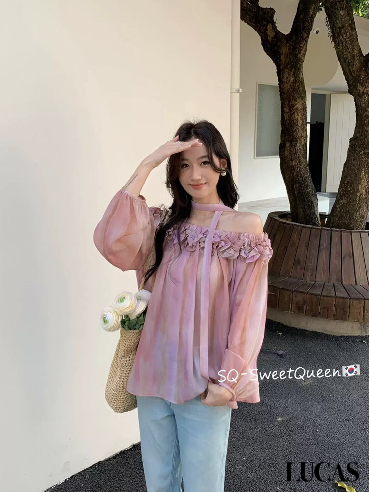 Áo sơ mi trễ vai bèo hoa ngang ngực dáng suông + đai vải_thumbnail_1