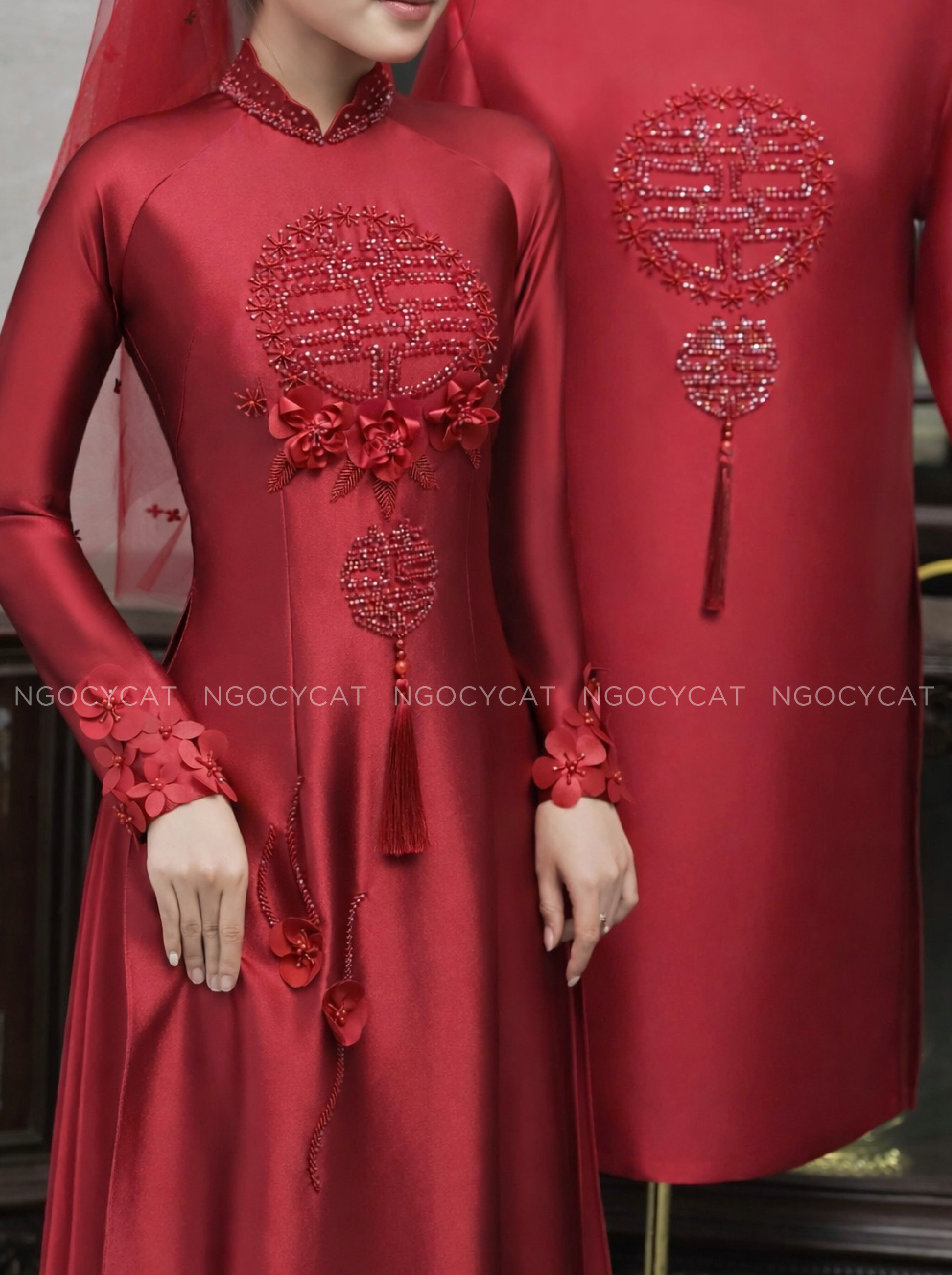 Áo Dài Dâu Rể Màu Đỏ Hỷ Bách Hoa